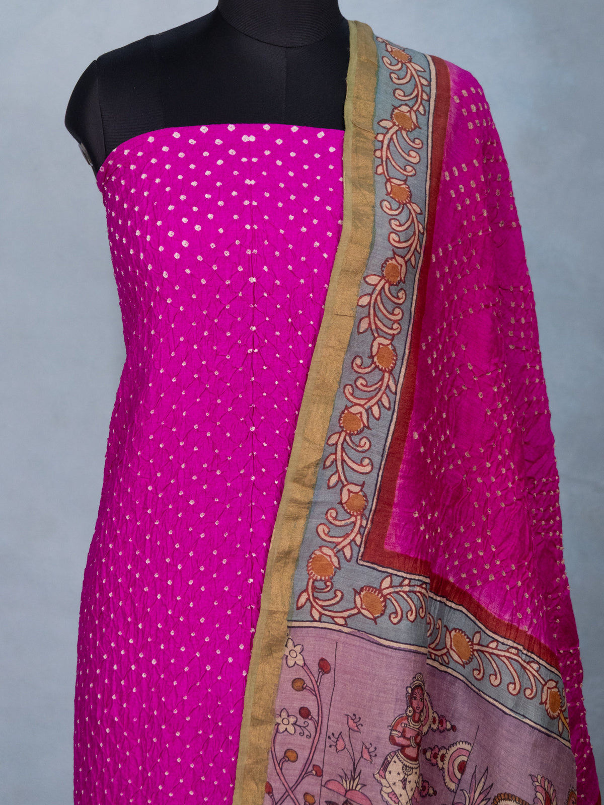 Pink Pure Tussar Bandhini Silk Unstitched Suit