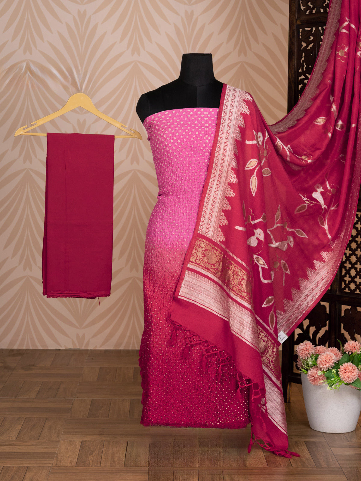 Pastel Pink & Red Pure TussarBandhini Silk Unstitched Suit