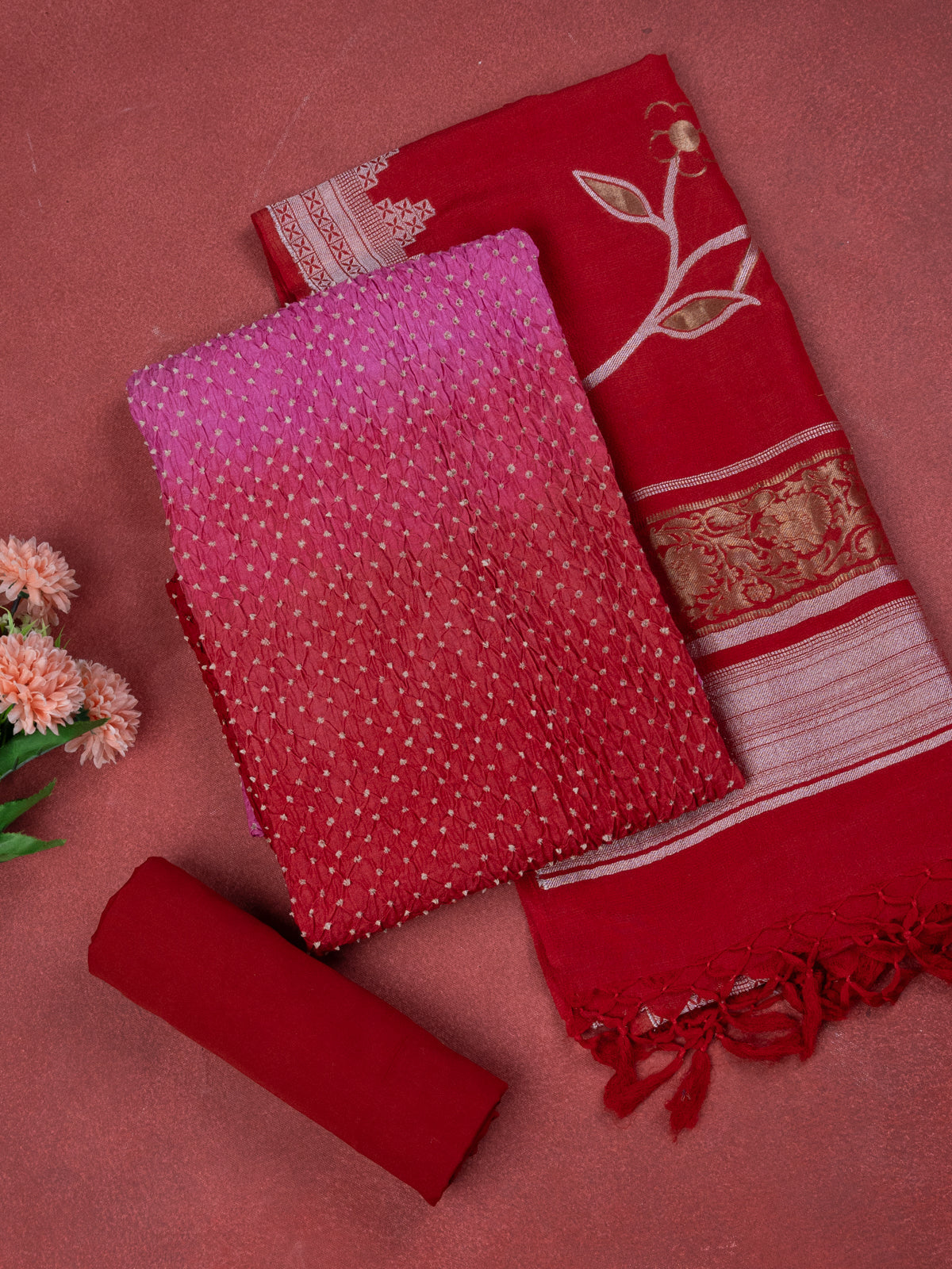 Pastel Pink & Red Pure TussarBandhini Silk Unstitched Suit