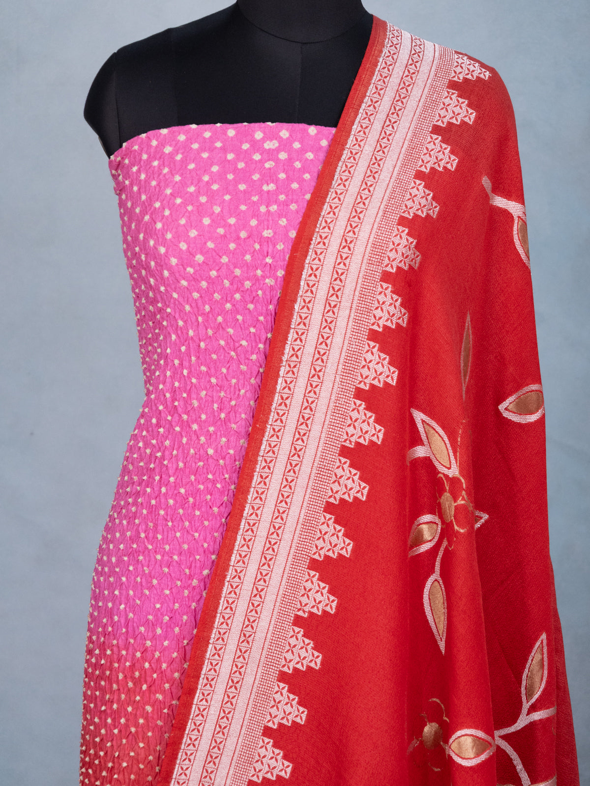 Pastel Pink & Red Pure TussarBandhini Silk Unstitched Suit