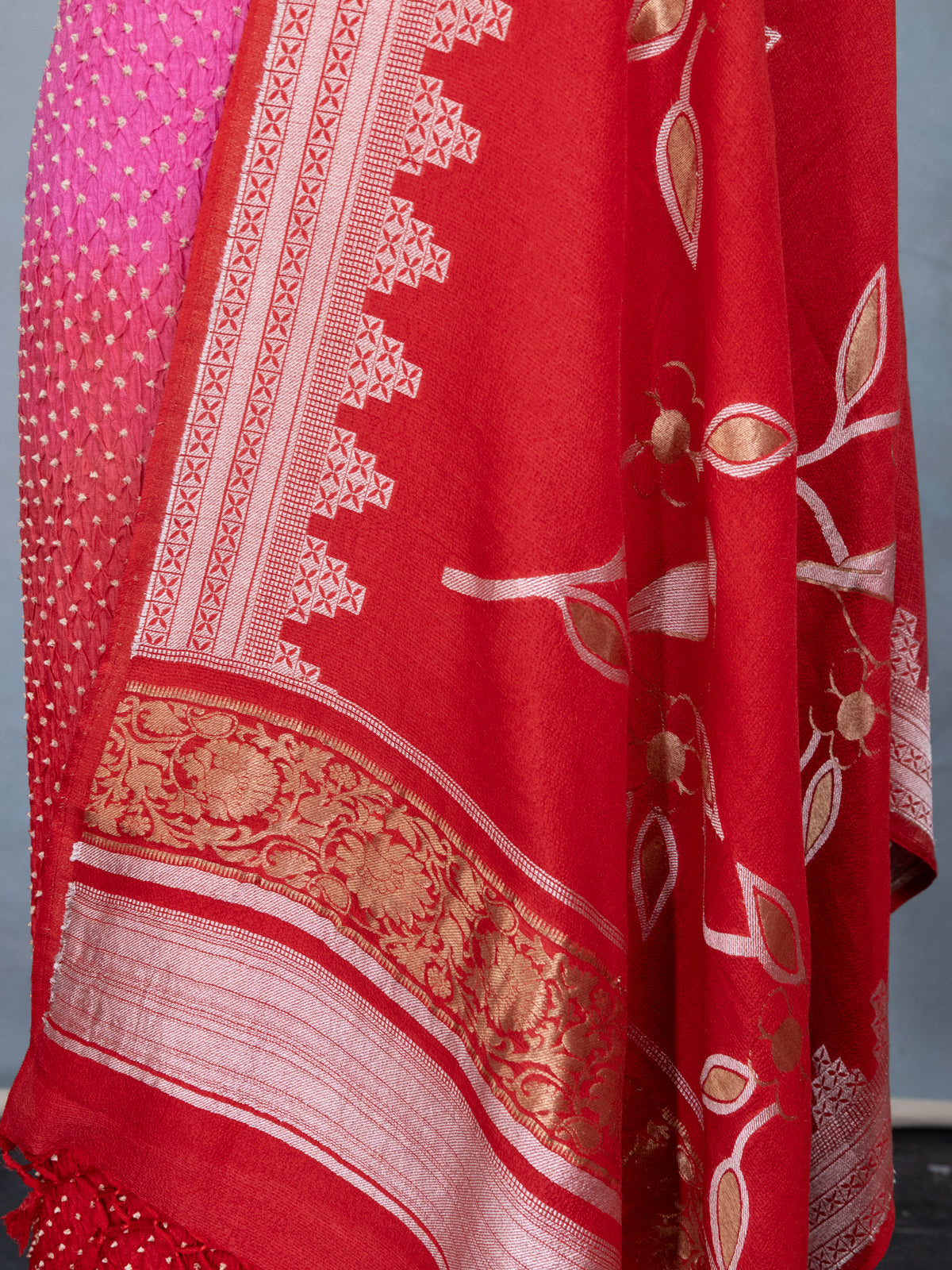 Pastel Pink & Red Pure TussarBandhini Silk Unstitched Suit