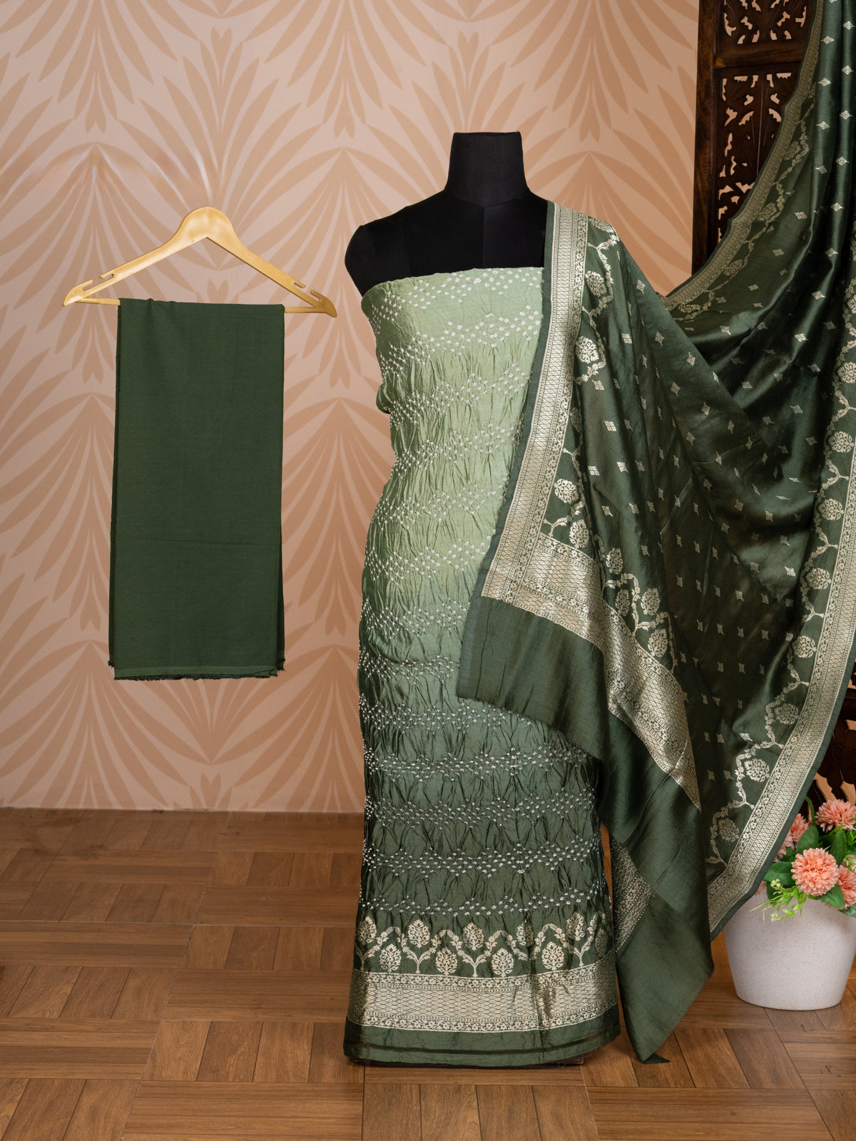 Pastel Green & Green Pure Tussar Bandhini Silk Unstitched Suit with Banarasi Zari Border