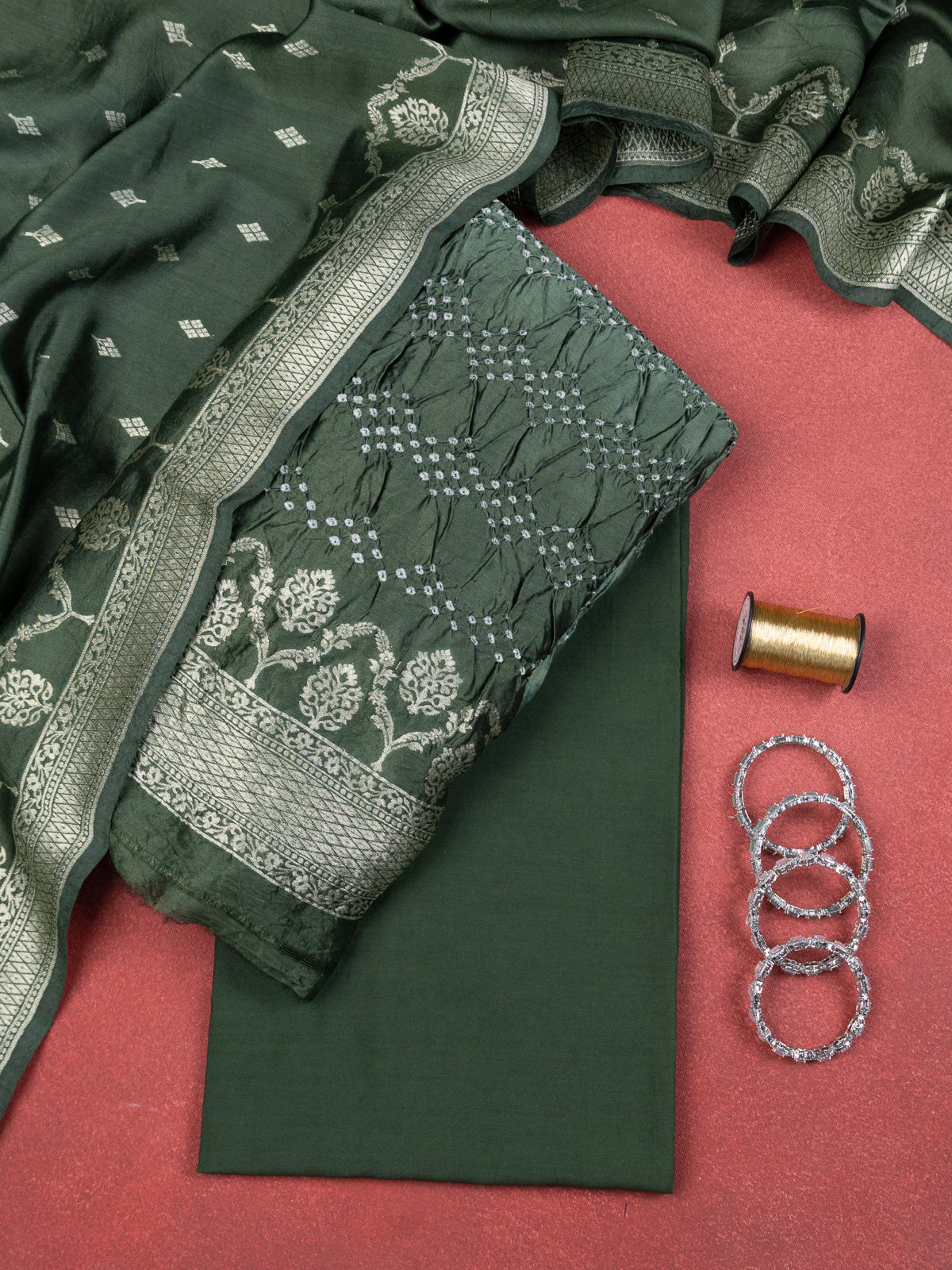 Pastel Green & Green Pure Tussar Bandhini Silk Unstitched Suit with Banarasi Zari Border