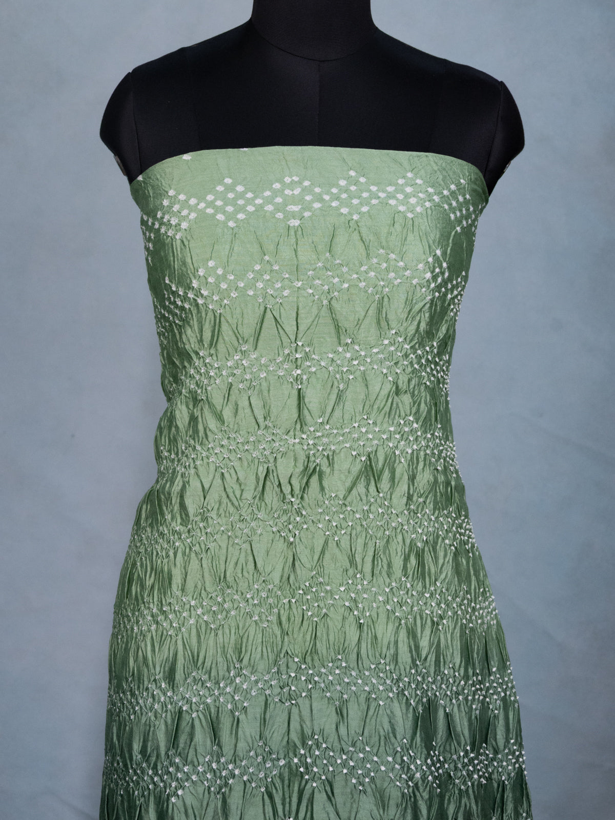 Pastel Green & Green Pure Tussar Bandhini Silk Unstitched Suit with Banarasi Zari Border