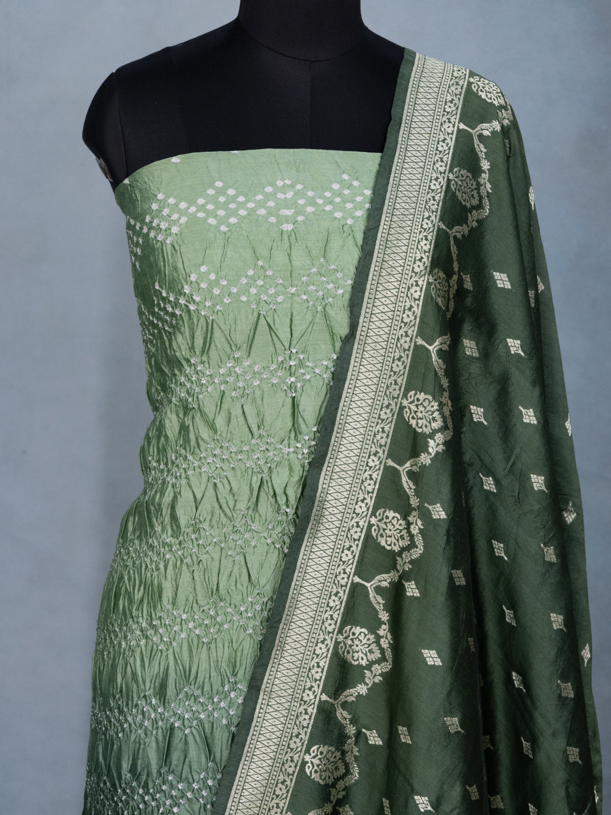 Pastel Green & Green Pure Tussar Bandhini Silk Unstitched Suit with Banarasi Zari Border