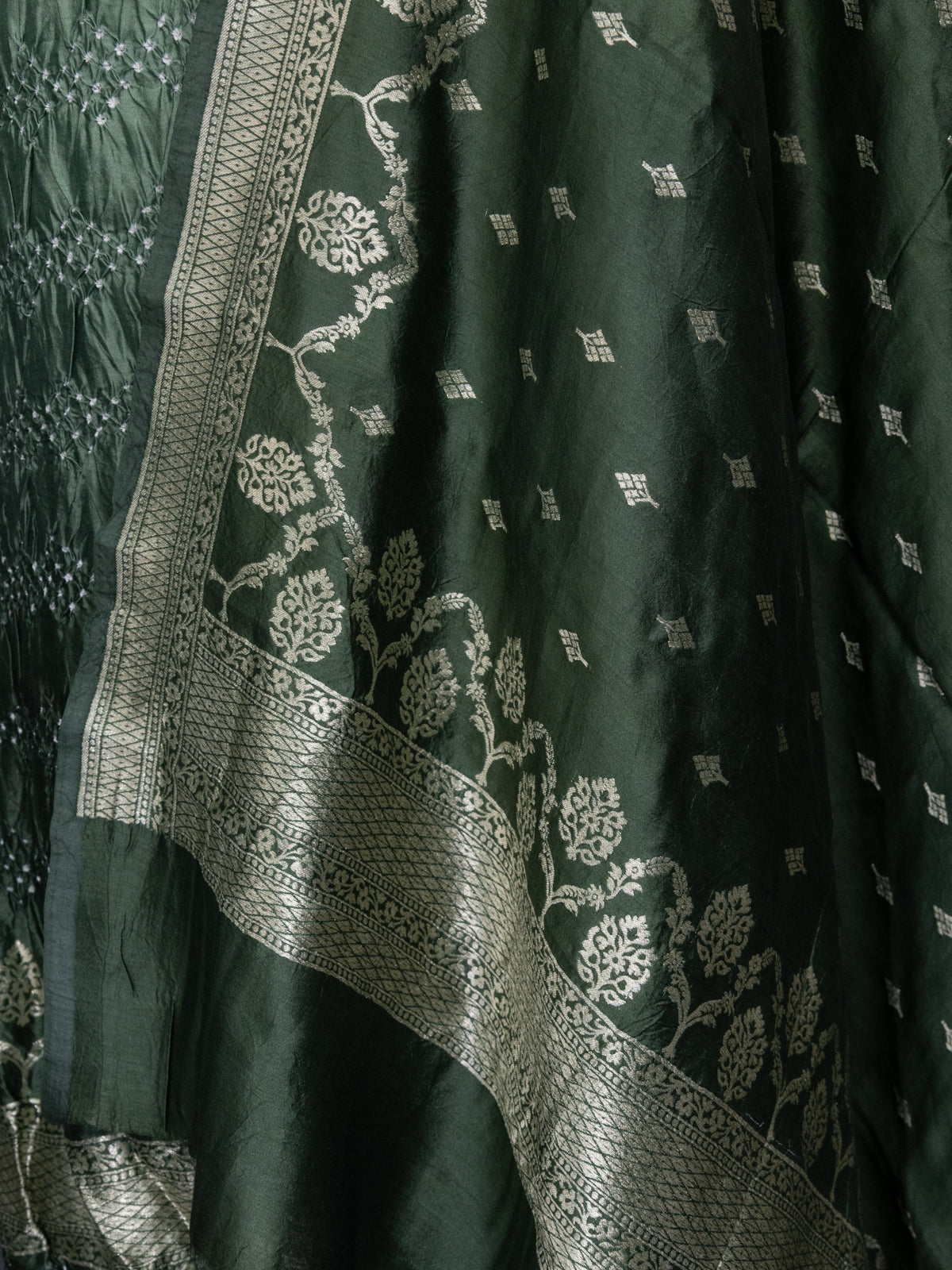 Pastel Green & Green Pure Tussar Bandhini Silk Unstitched Suit with Banarasi Zari Border