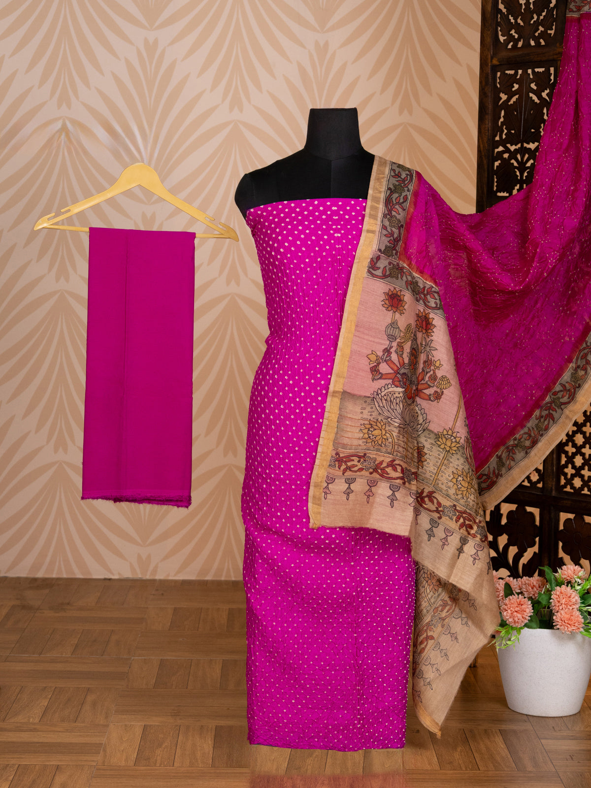 Pink Pure Tussar Bandhini Silk Unstitched Suit