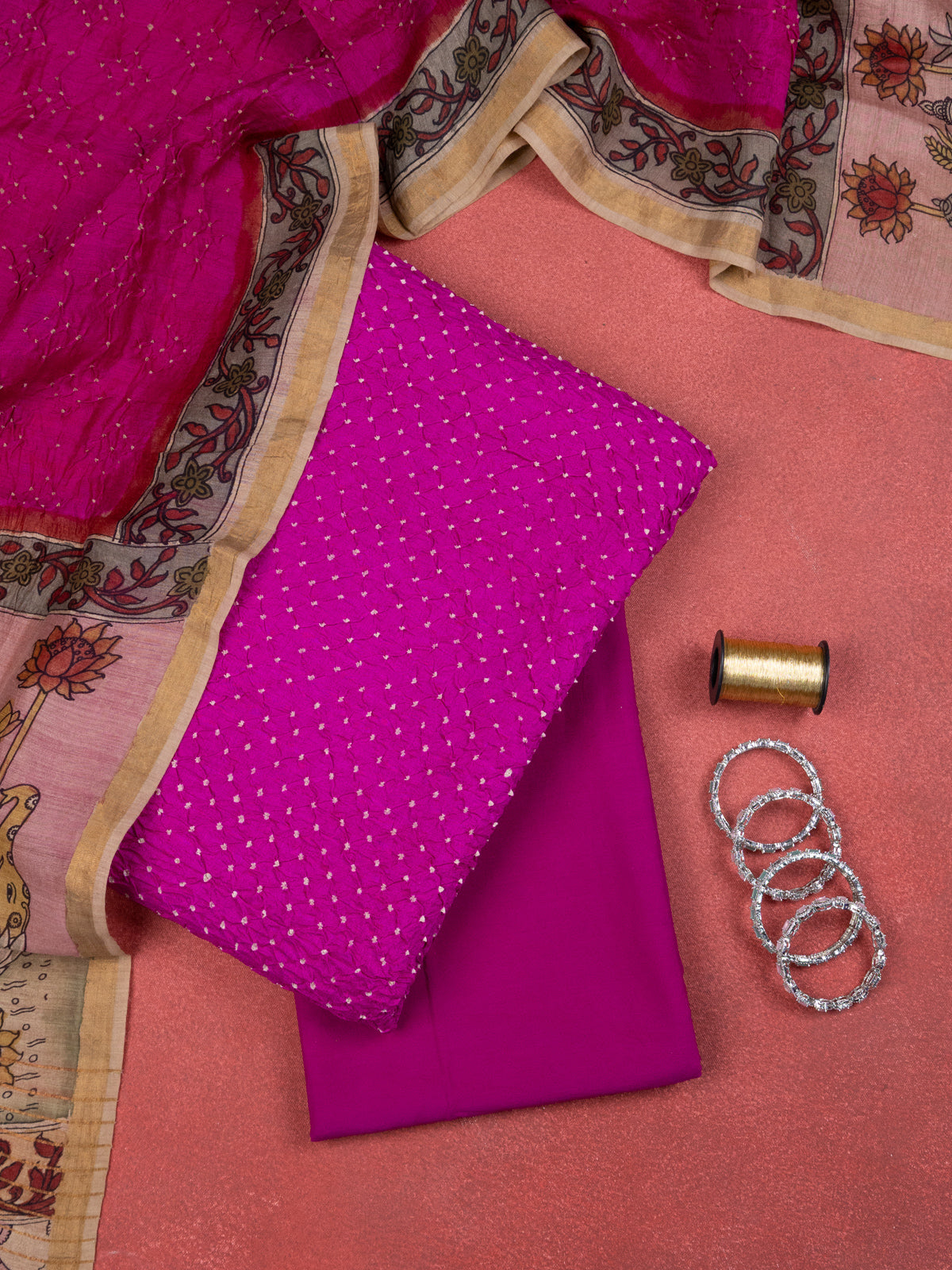 Pink Pure Tussar Bandhini Silk Unstitched Suit