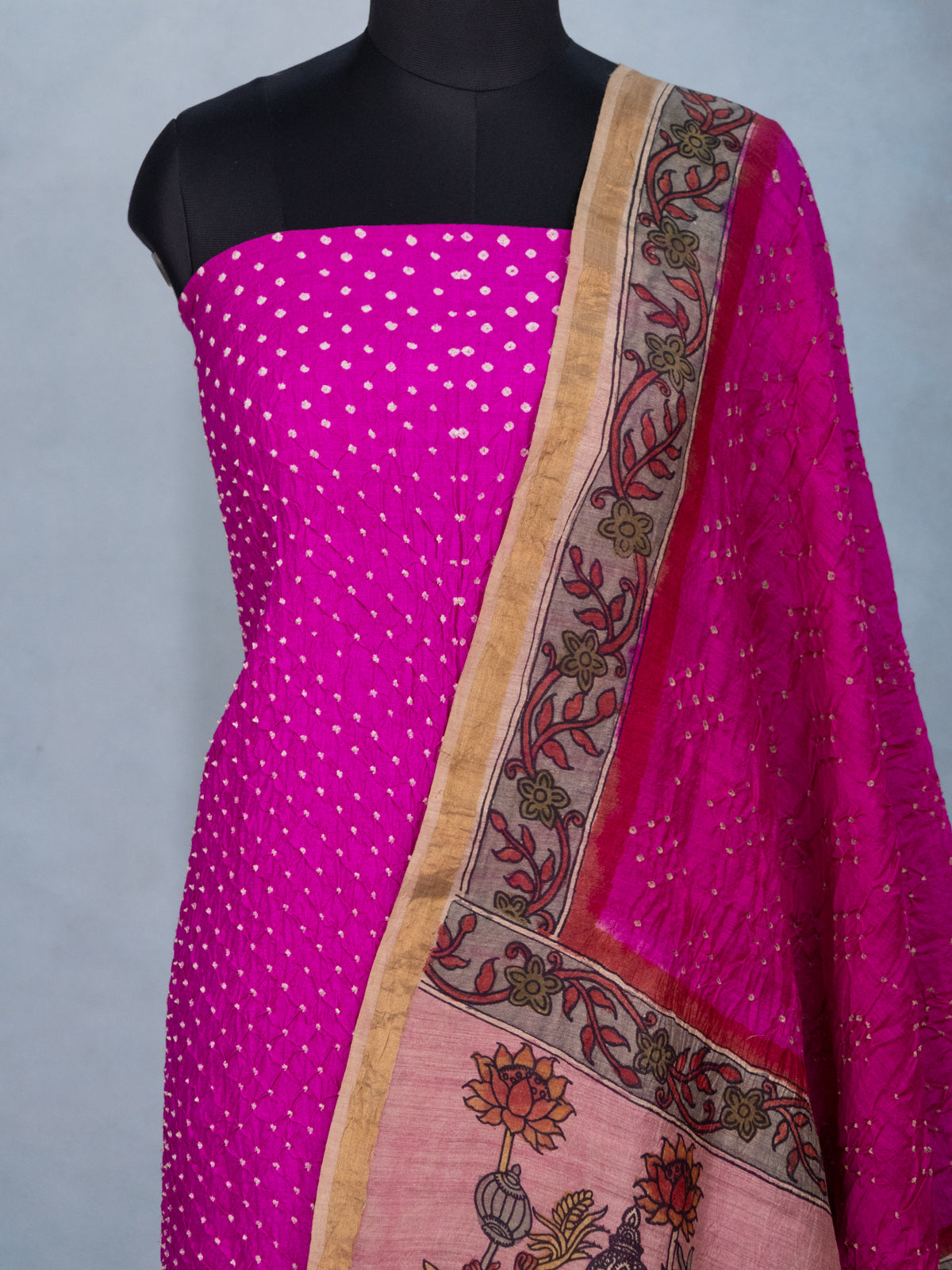 Pink Pure Tussar Bandhini Silk Unstitched Suit