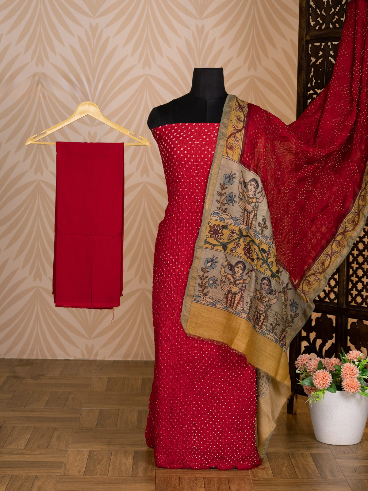 Red Bandhini Silk Unstitched Suit