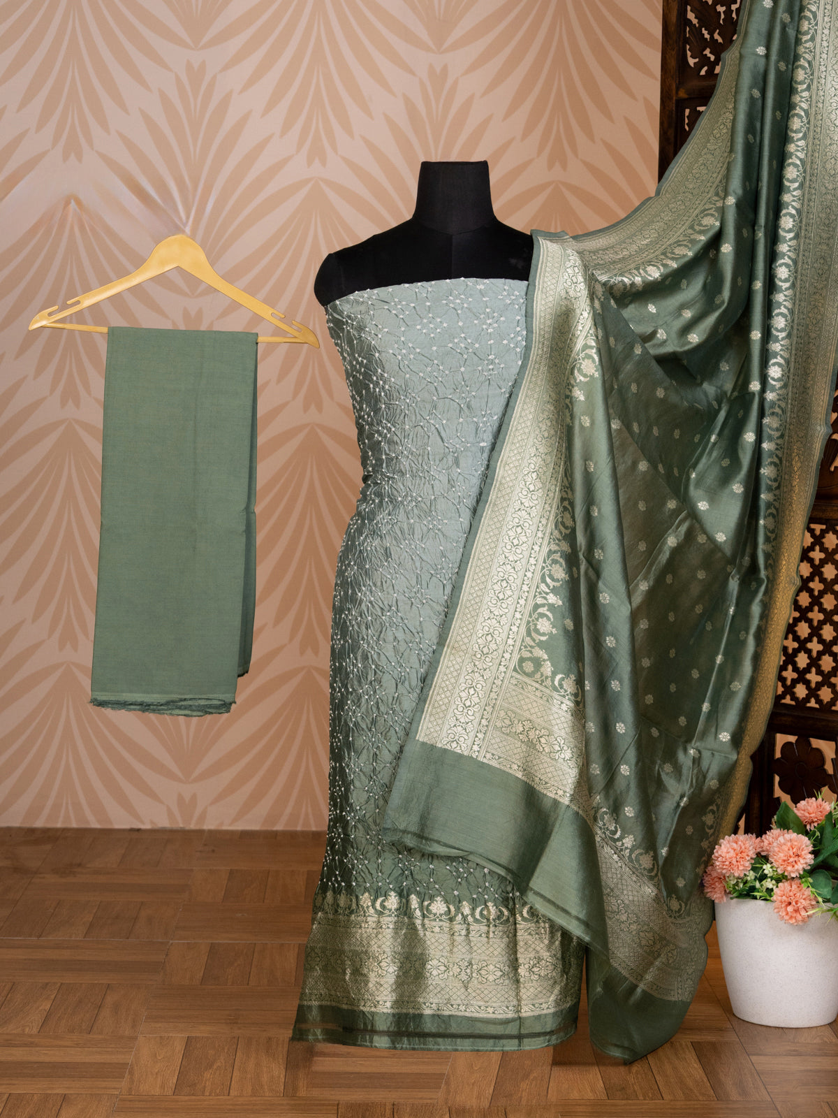 Pastel Green Pure Tussar Bandhini Silk Unstitched Suit with Banarasi Zari Border