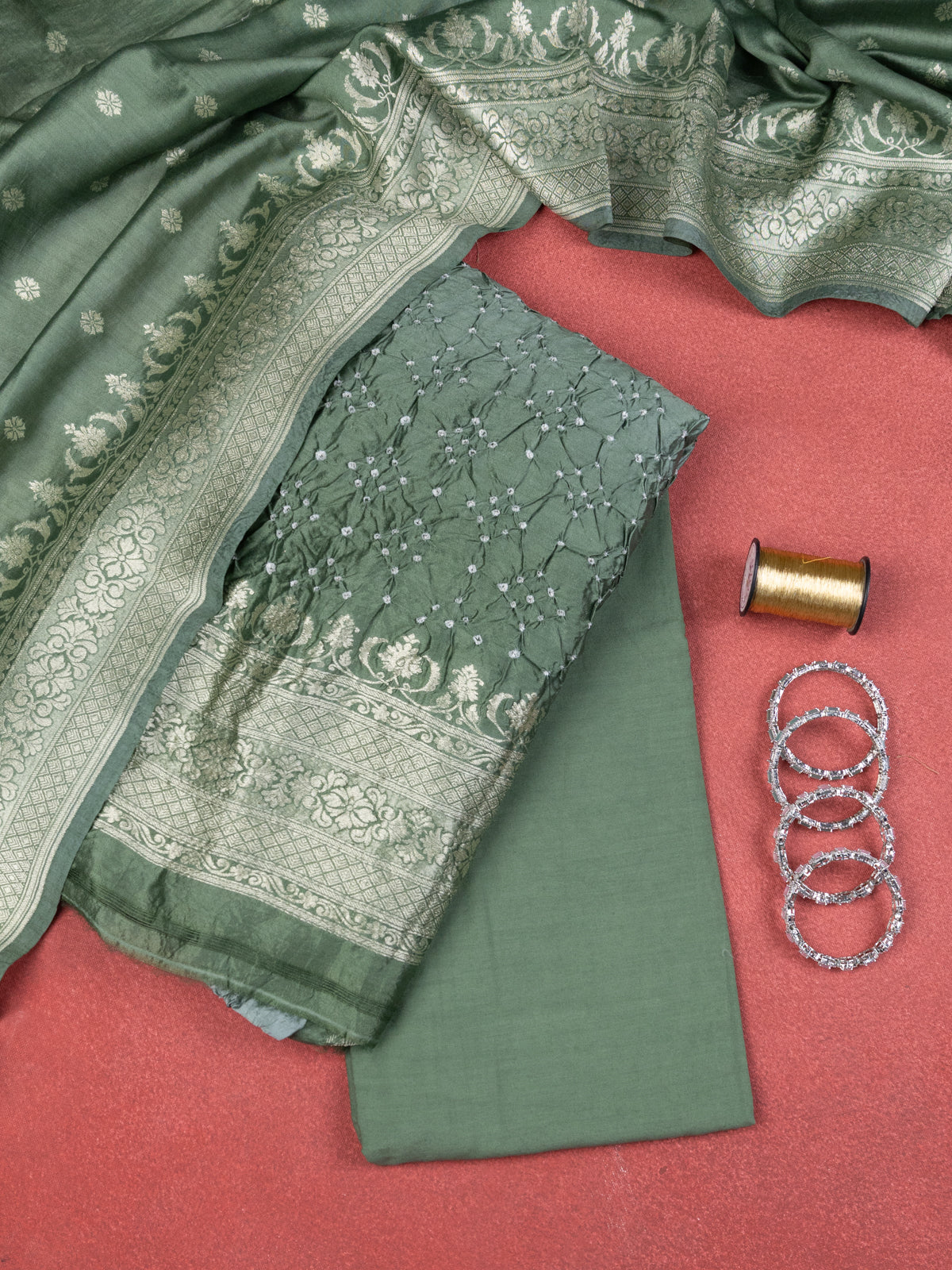 Pastel Green Pure Tussar Bandhini Silk Unstitched Suit with Banarasi Zari Border