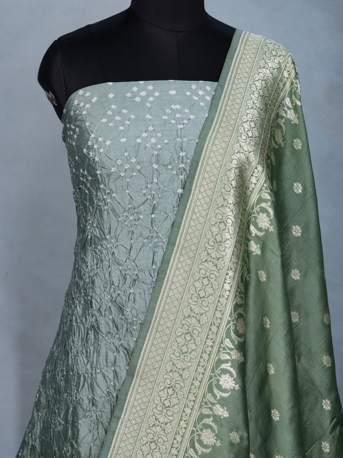 Pastel Green Pure Tussar Bandhini Silk Unstitched Suit with Banarasi Zari Border