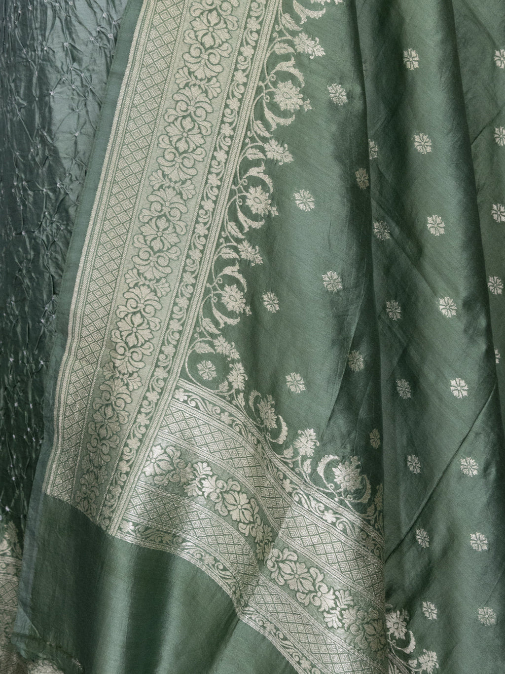 Pastel Green Pure Tussar Bandhini Silk Unstitched Suit with Banarasi Zari Border