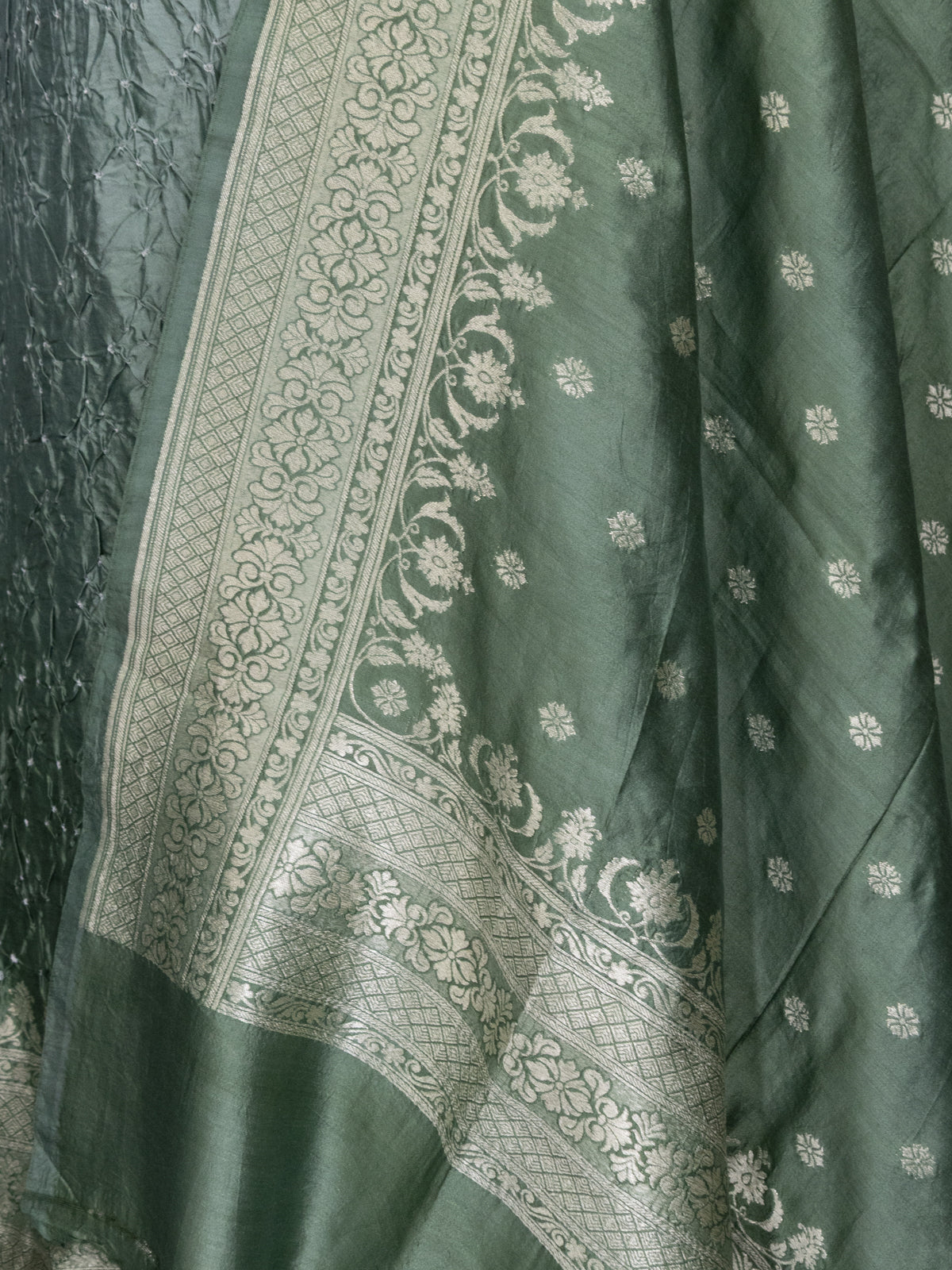Pastel Green Pure Tussar Bandhini Silk Unstitched Suit with Banarasi Zari Border