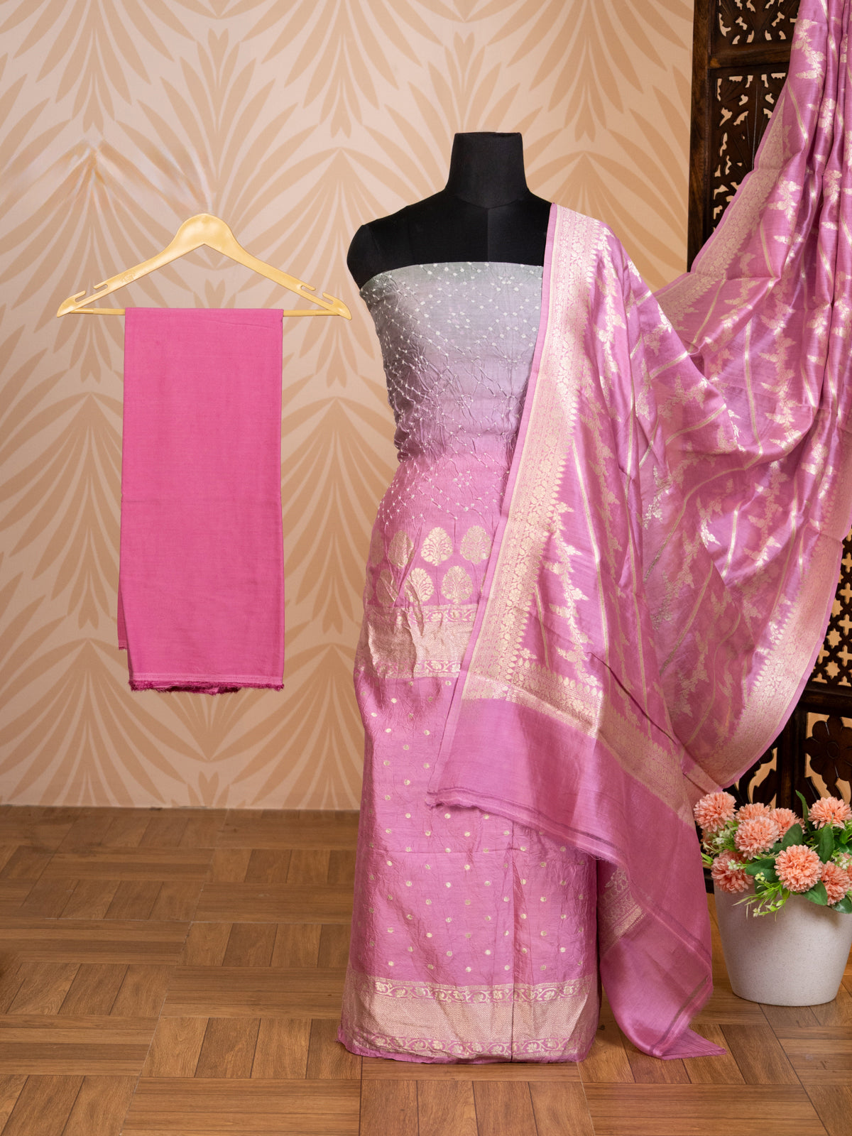 Pastel Green & Light Pink Pure Tussar Bandhini Silk Unstitched Suit