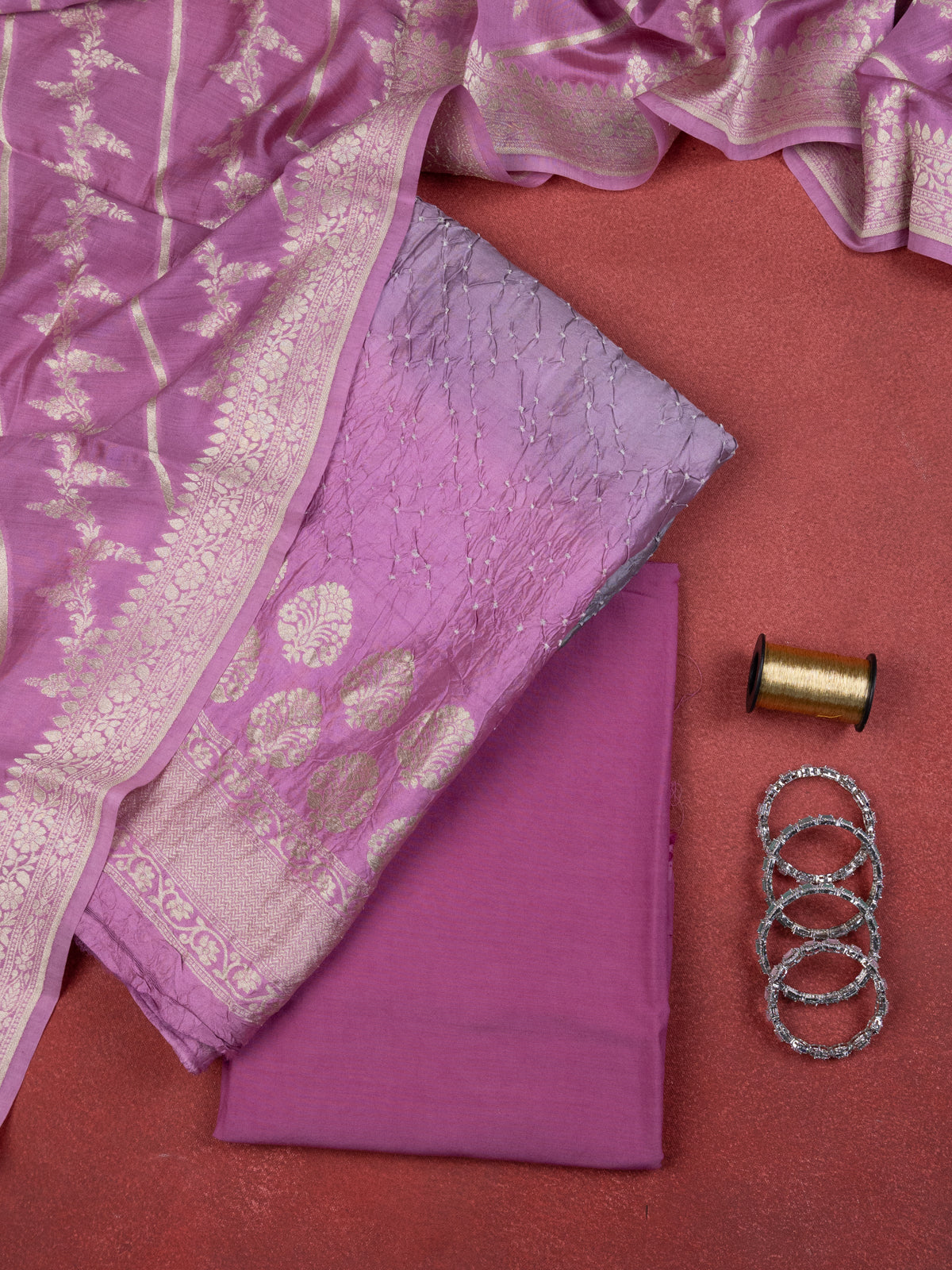 Pastel Green & Light Pink Pure Tussar Bandhini Silk Unstitched Suit