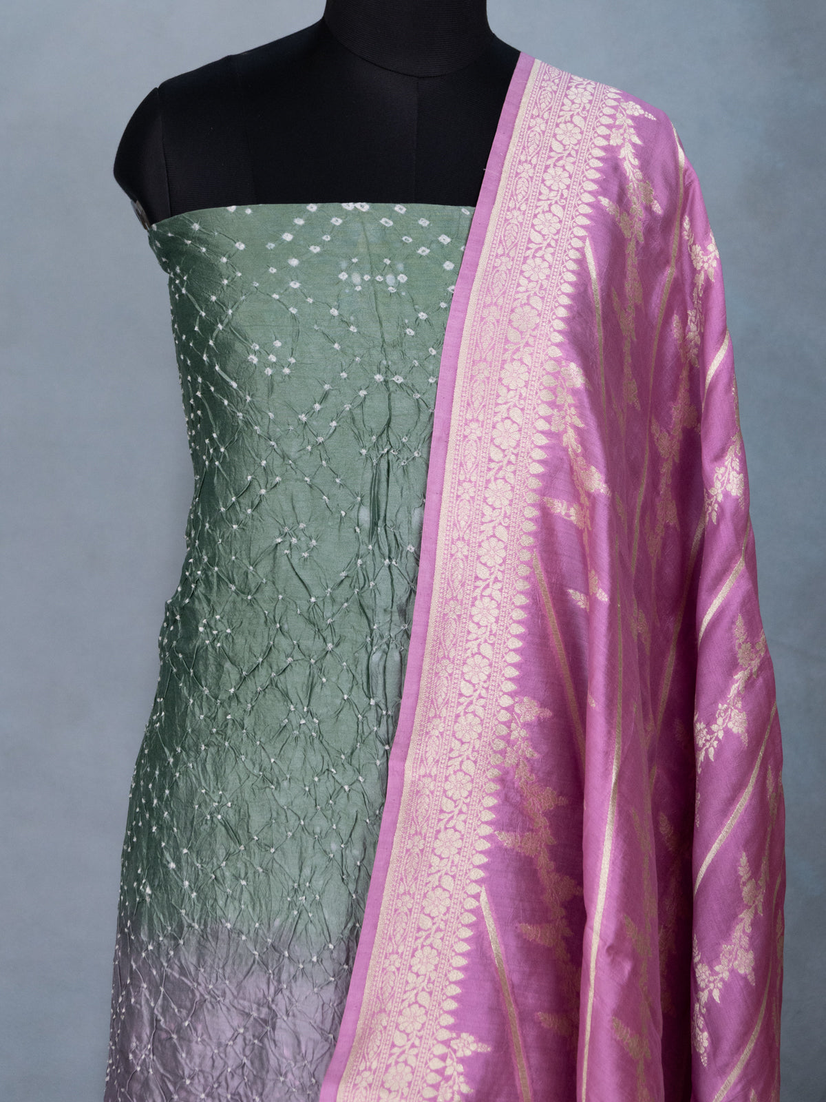 Pastel Green & Light Pink Pure Tussar Bandhini Silk Unstitched Suit