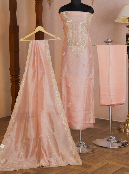 Peach Pink Tissue Silk Unstitched Suit
