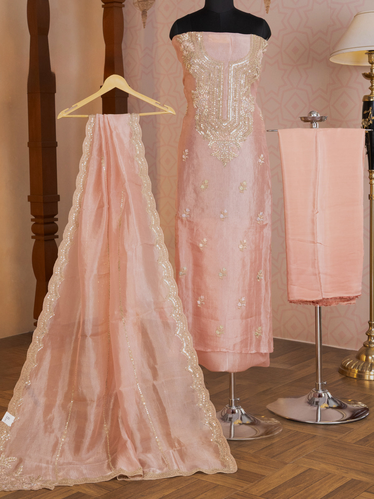 Peach Pink Tissue Silk Unstitched Suit
