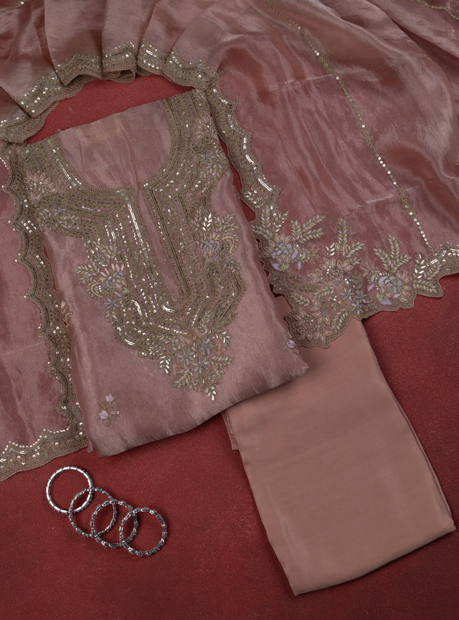 Peach Pink Tissue Silk Unstitched Suit