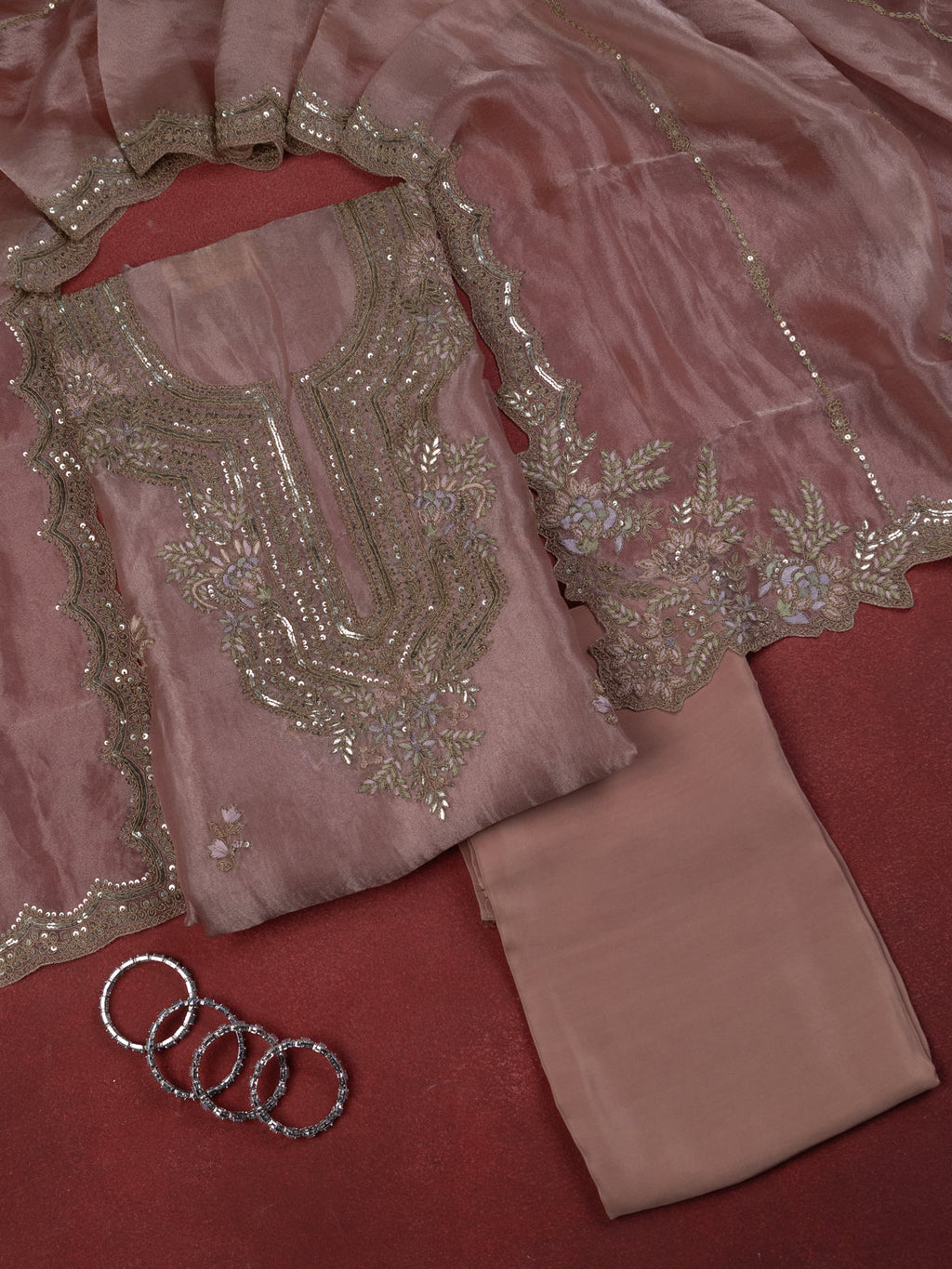 Peach Pink Tissue Silk Unstitched Suit