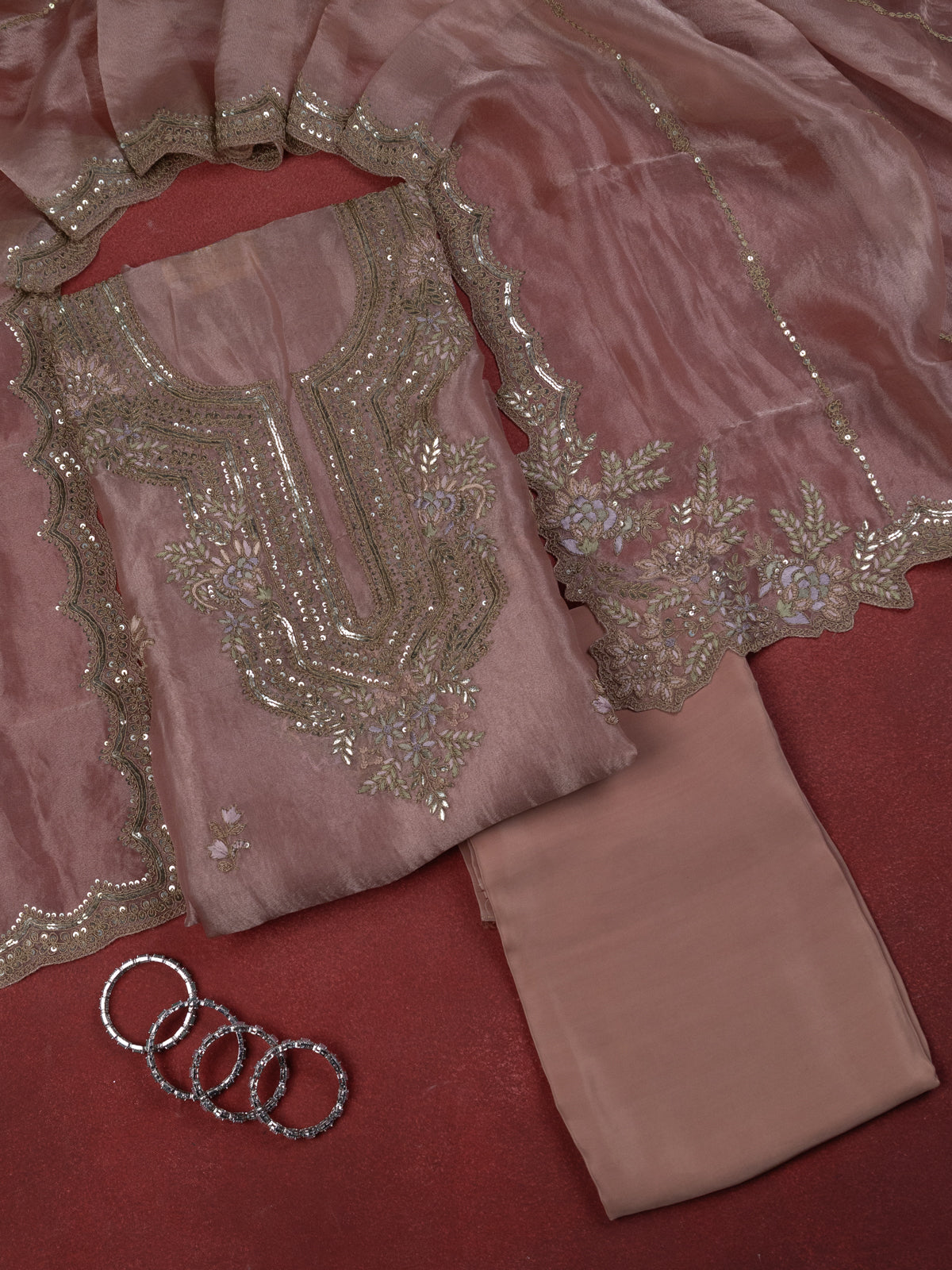 Peach Pink Tissue Silk Unstitched Suit