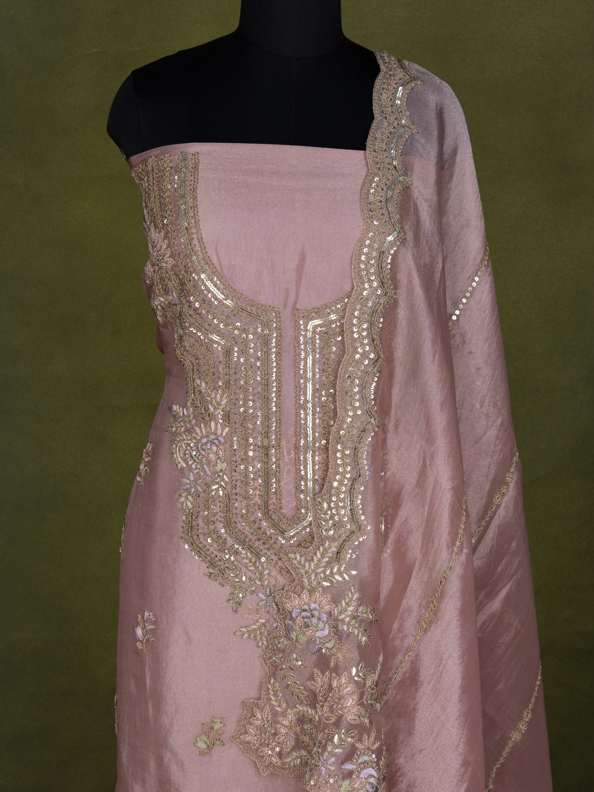 Peach Pink Tissue Silk Unstitched Suit
