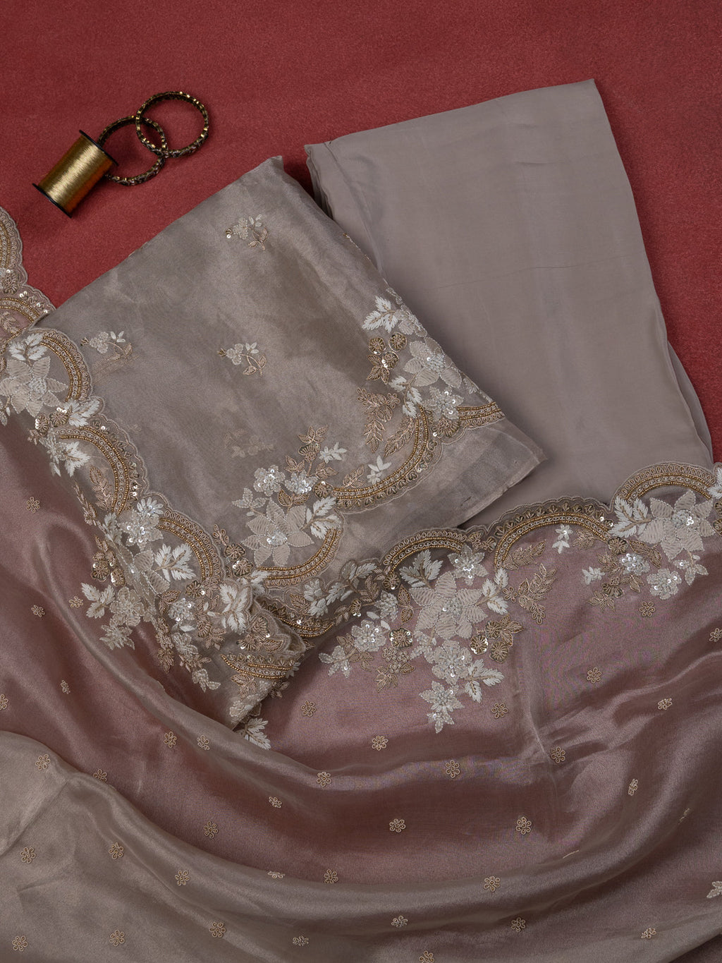Pastel Grey Tissue Silk Unstitched Suit