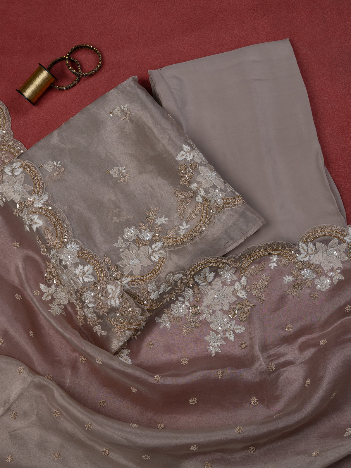 Pastel Grey Tissue Silk Unstitched Suit