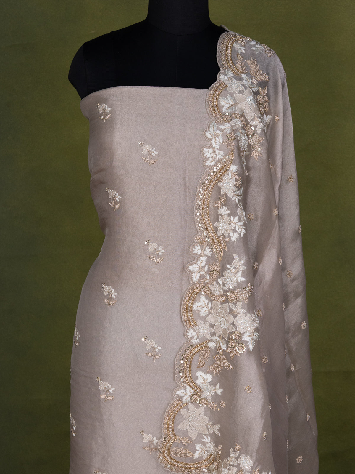 Pastel Grey Tissue Silk Unstitched Suit