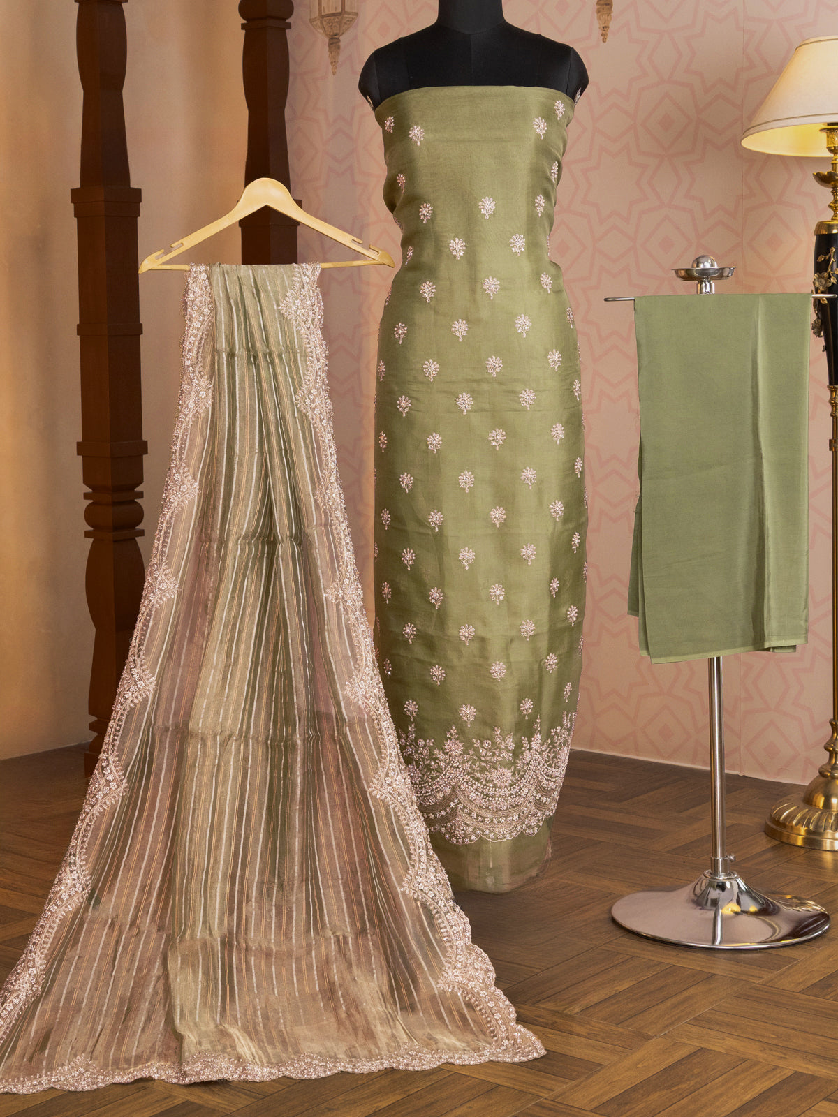 Pastel Green Organza Unstitched Suit