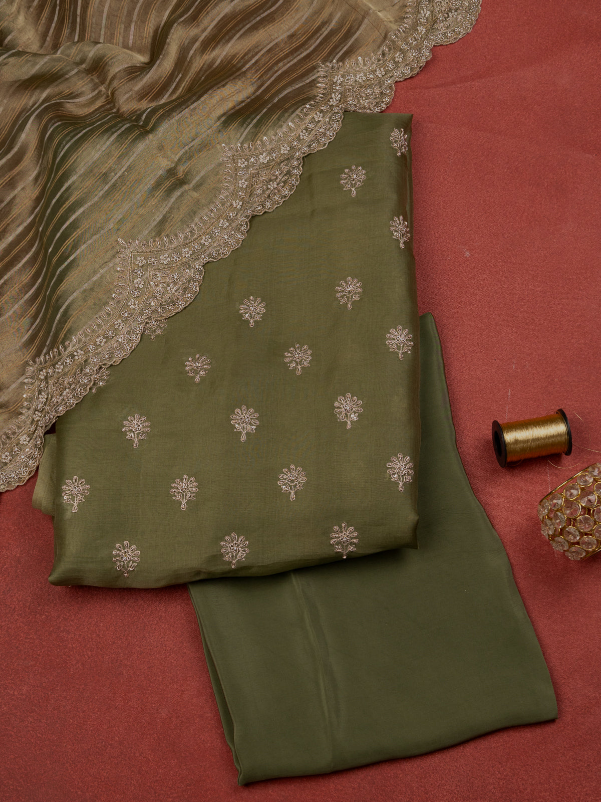 Pastel Green Organza Unstitched Suit
