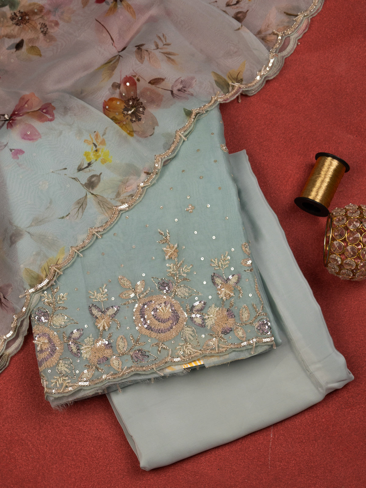 Pastel Blue Tissue Silk Unstitched Suit