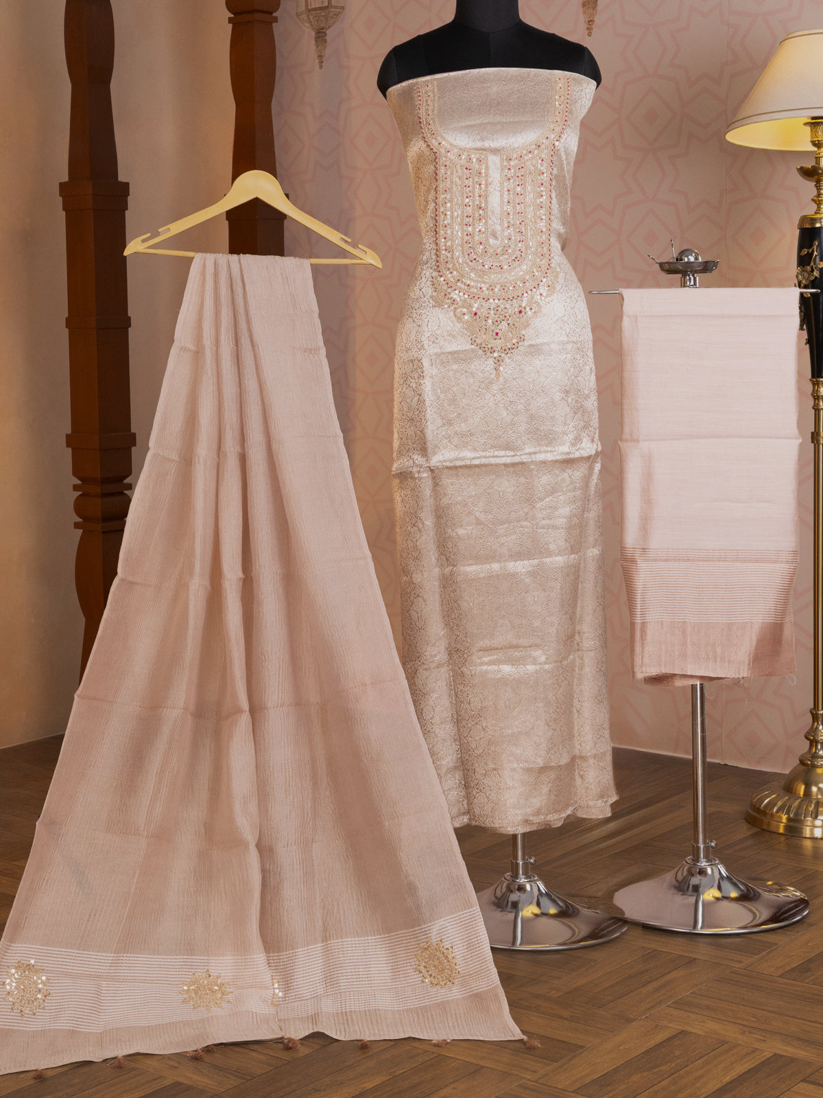 Pastel Pink Tissue Silk Unstitched Suit