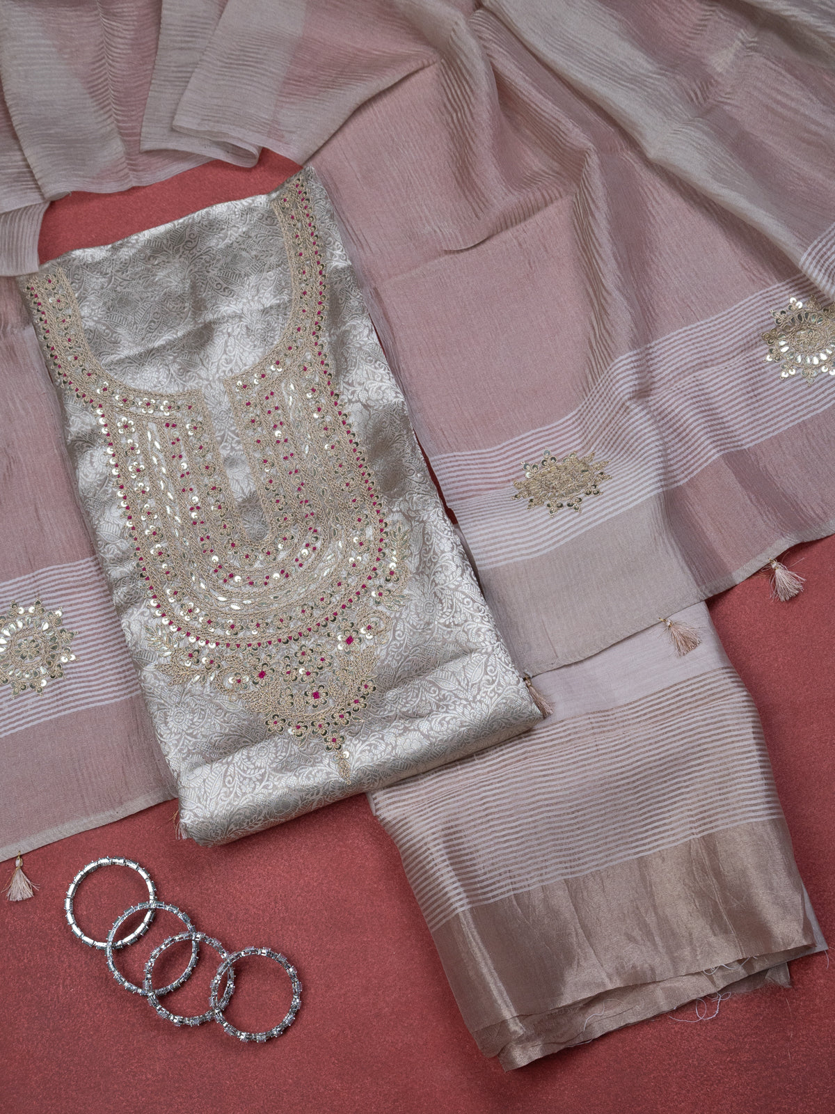Pastel Pink Tissue Silk Unstitched Suit