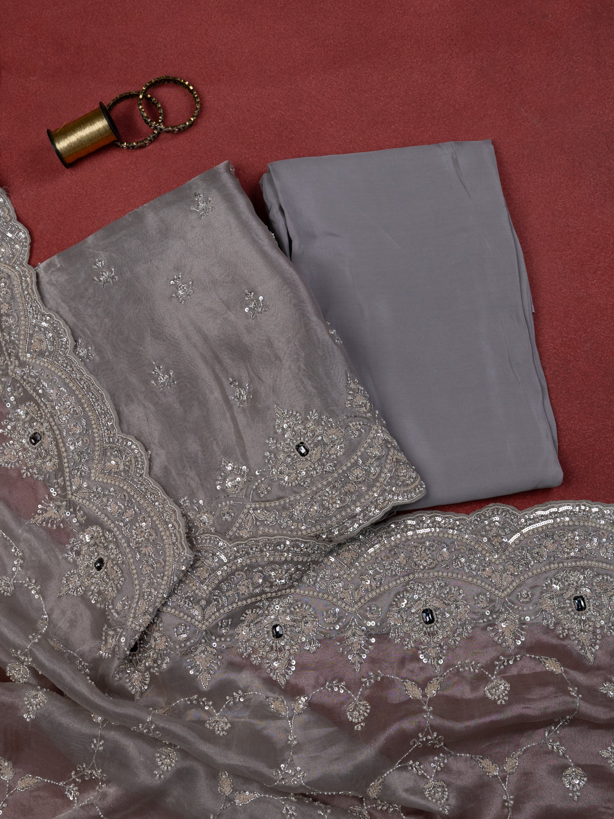 Grey Tissue Silk Unstitched Suit