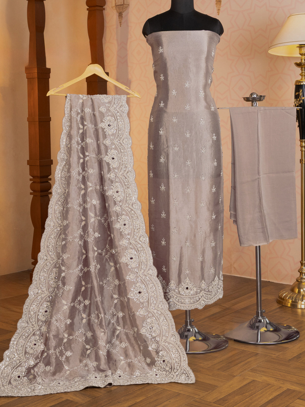 Pastel Brown Tissue Silk Unstitched Suit