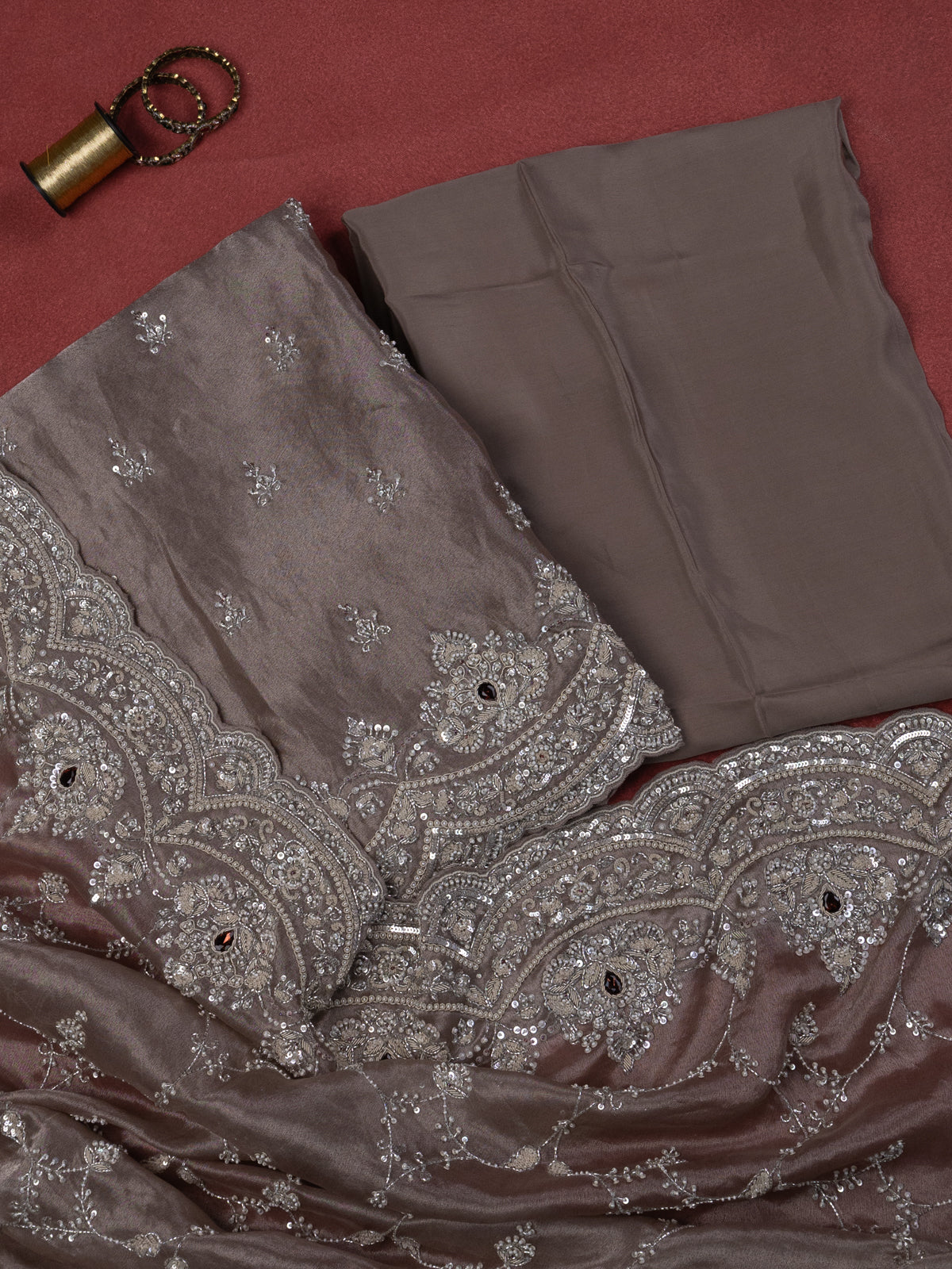 Pastel Brown Tissue Silk Unstitched Suit