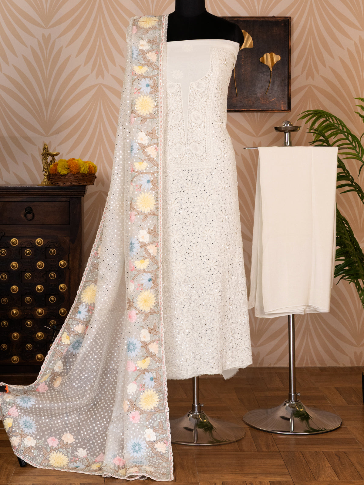 Off-White georgette Unstitched Suit with Chikankari Work