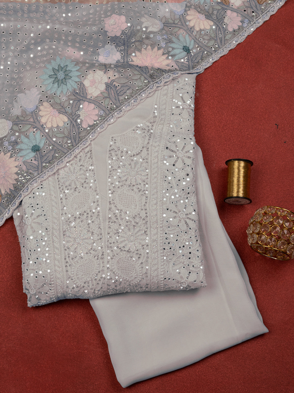 Off-White georgette Unstitched Suit with Chikankari Work