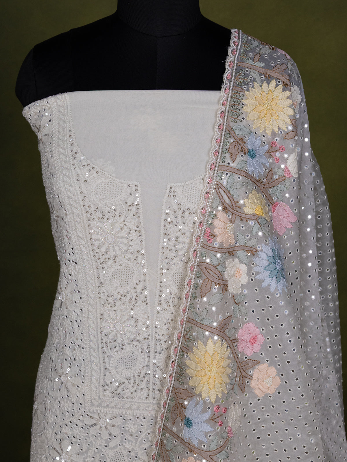 Off-White georgette Unstitched Suit with Chikankari Work