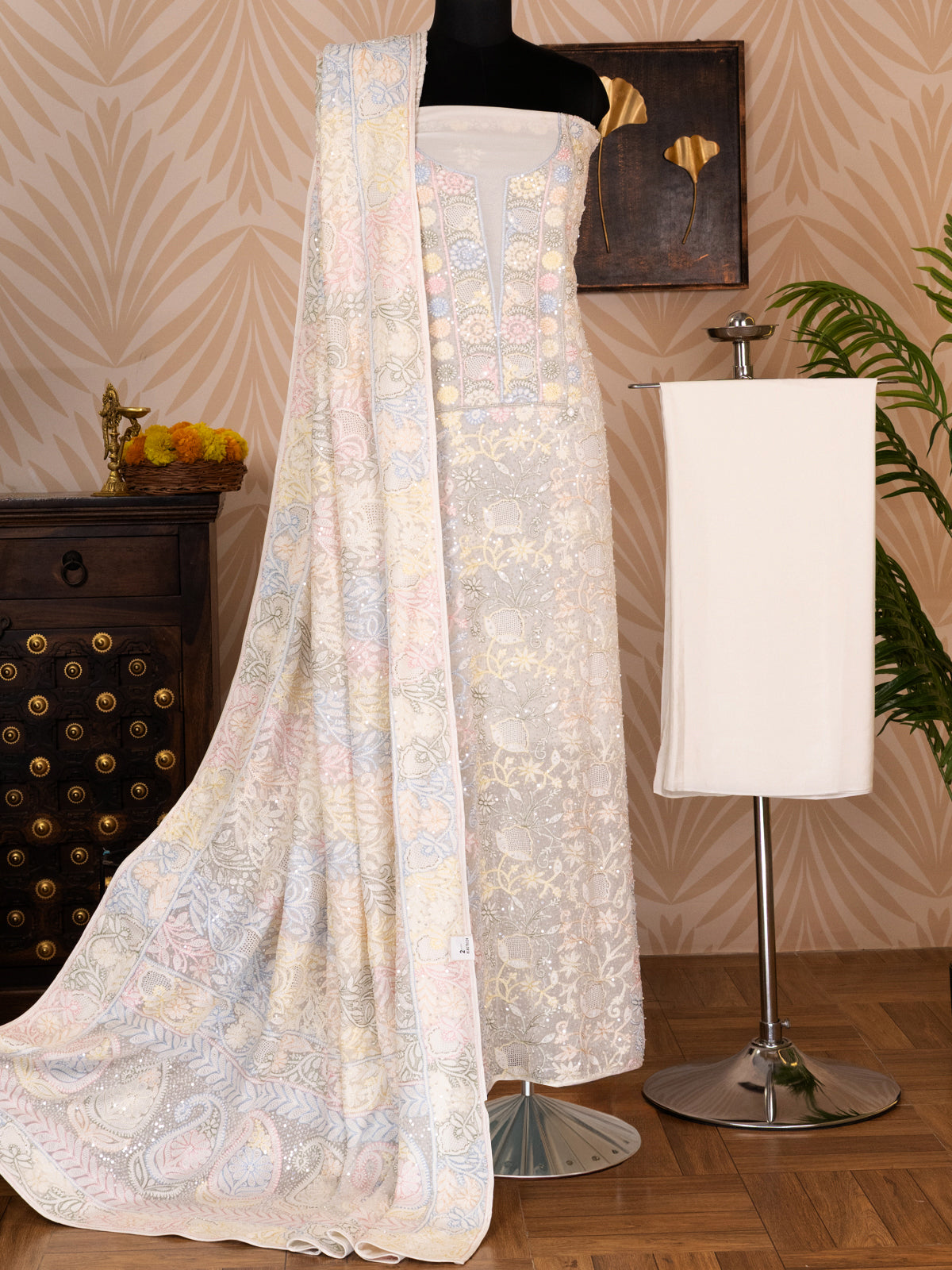 Off-White Georgette Unstitched Suit with Chikankari Work