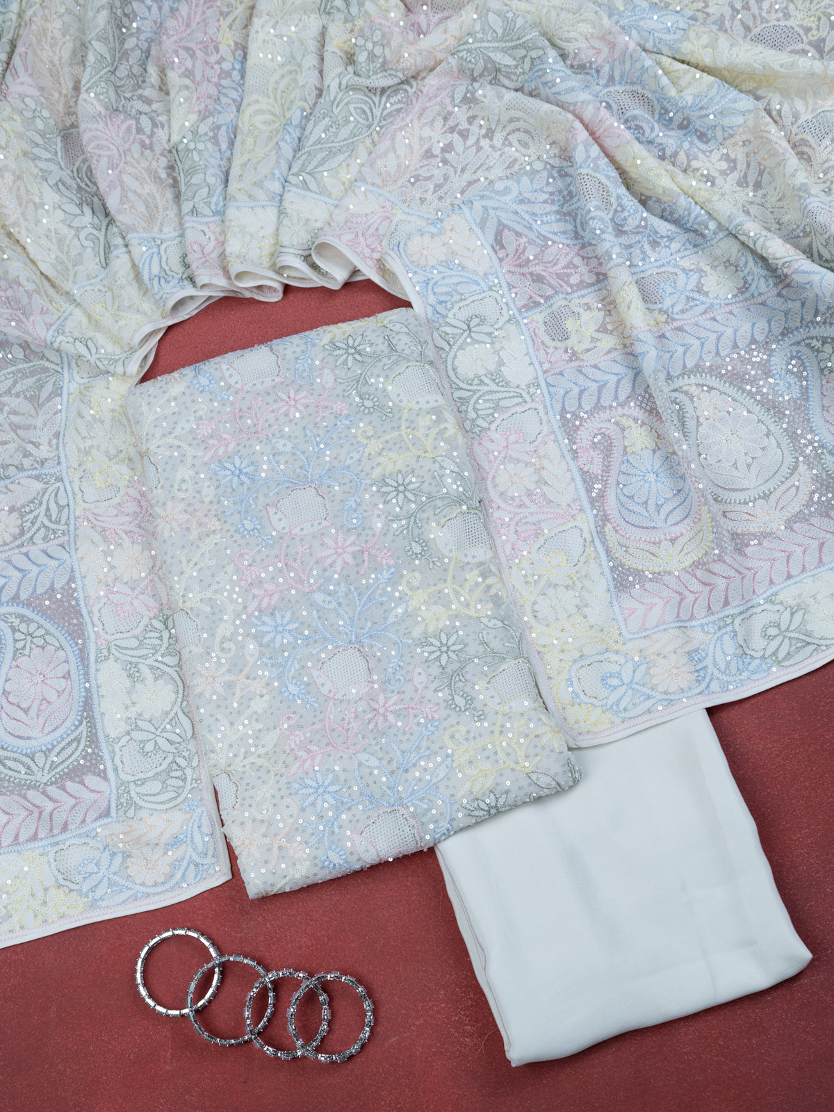 Off-White Georgette Unstitched Suit with Chikankari Work