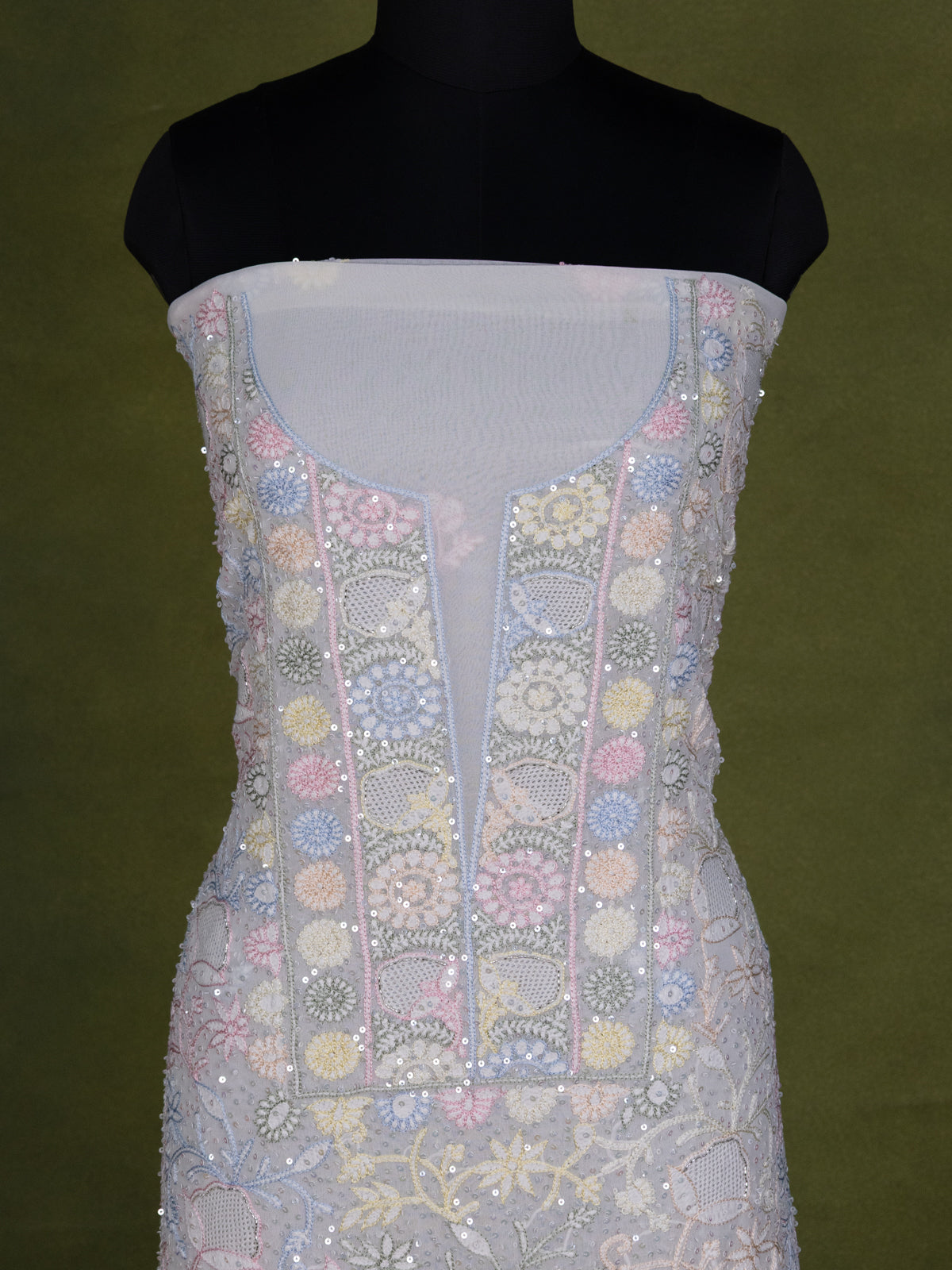 Off-White Georgette Unstitched Suit with Chikankari Work