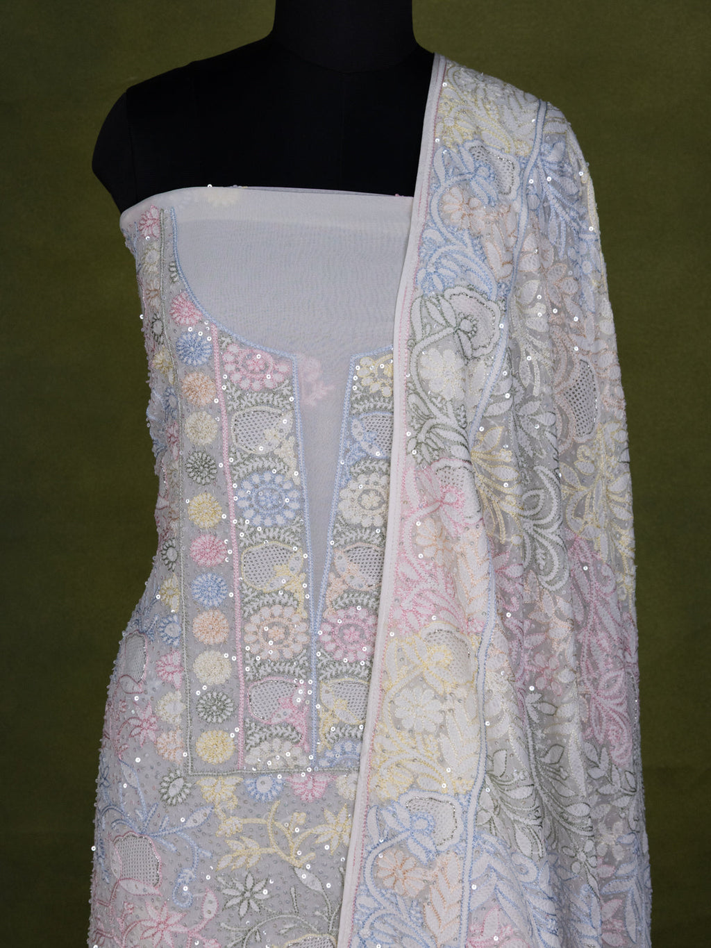 Off-White Georgette Unstitched Suit with Chikankari Work