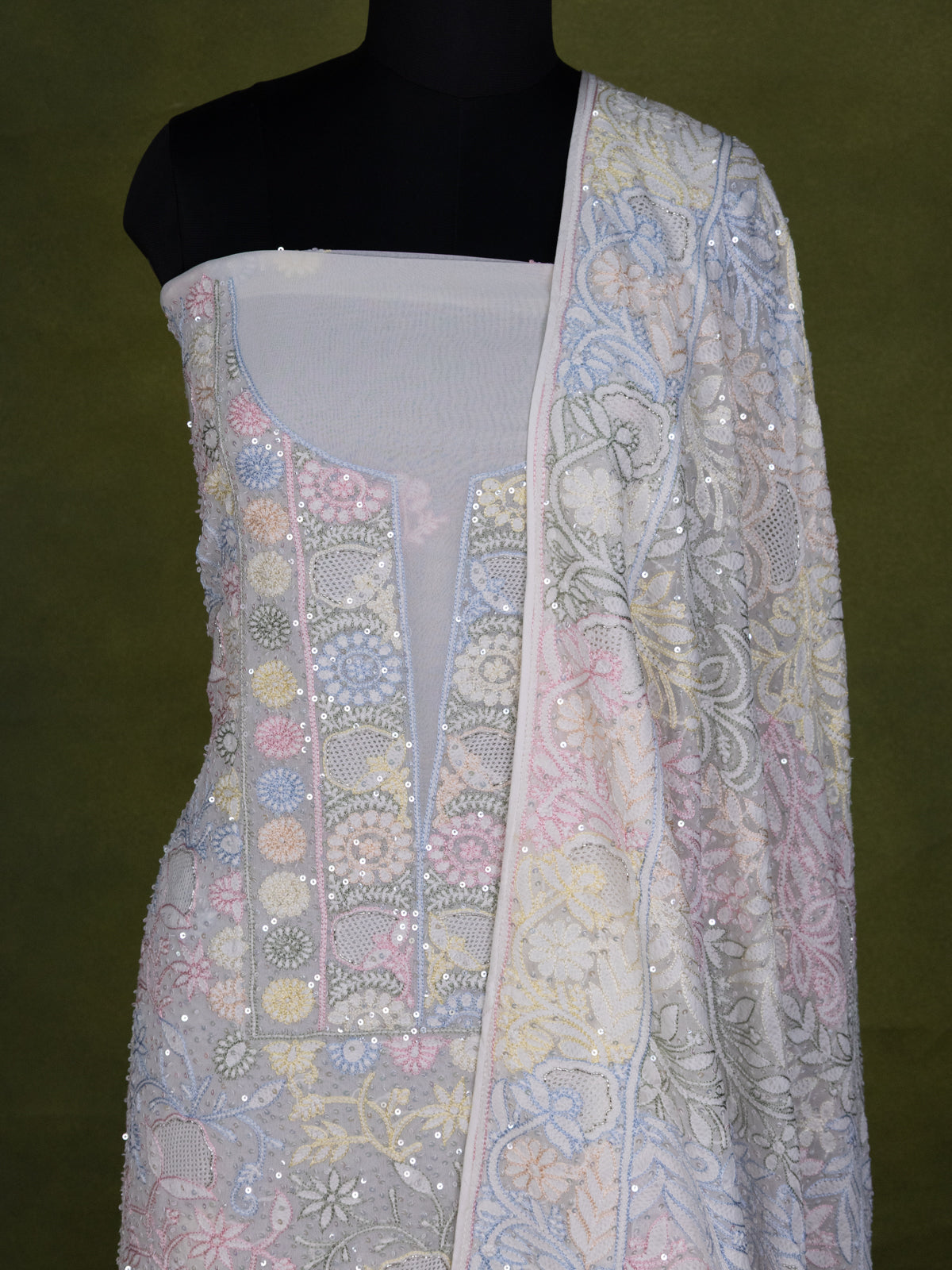 Off-White Georgette Unstitched Suit with Chikankari Work