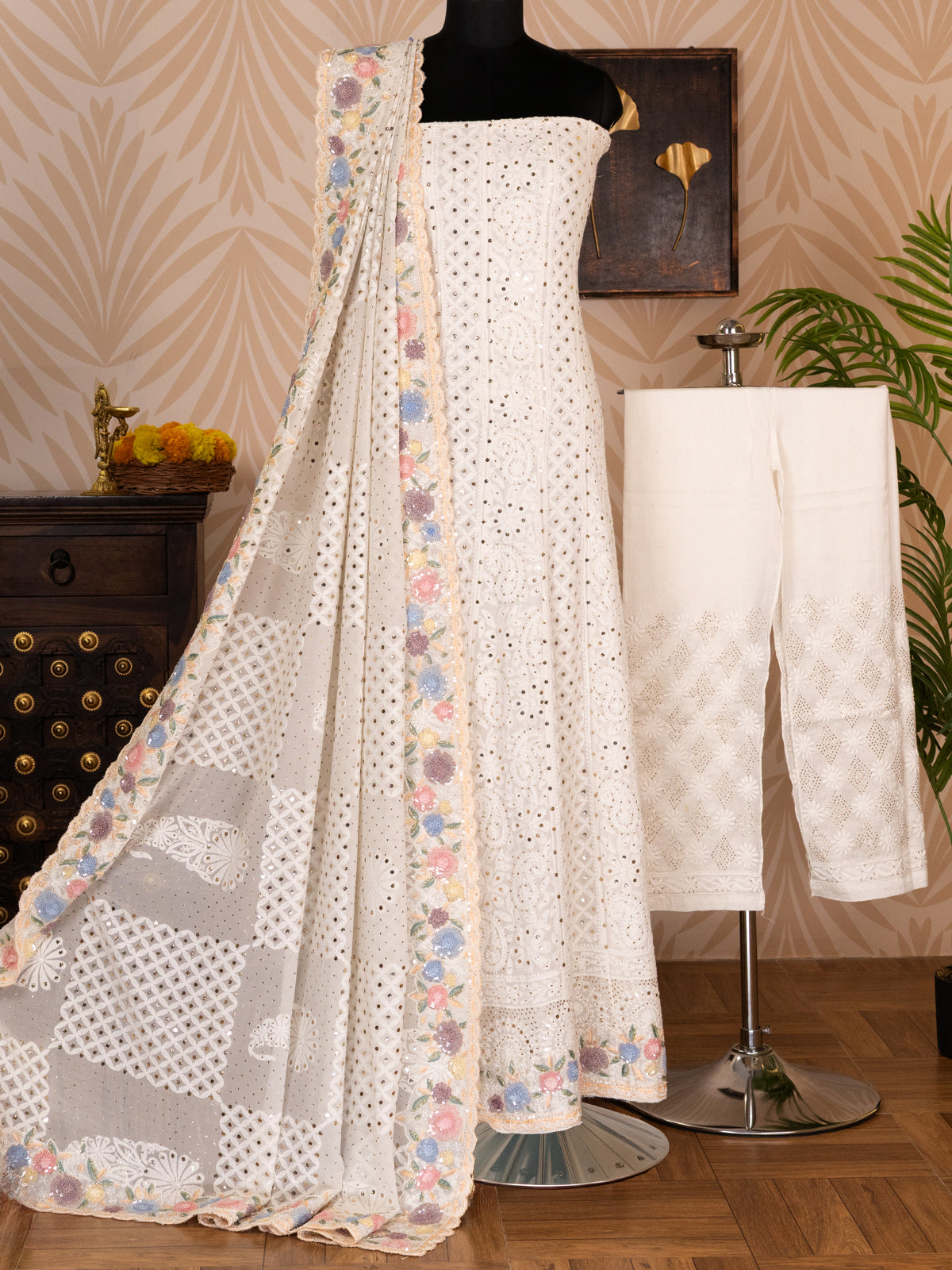 Off-White Georgette Unstitched Suit with Chikankari Work