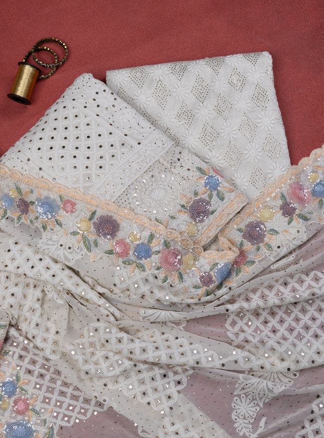 Off-White Georgette Unstitched Suit with Chikankari Work