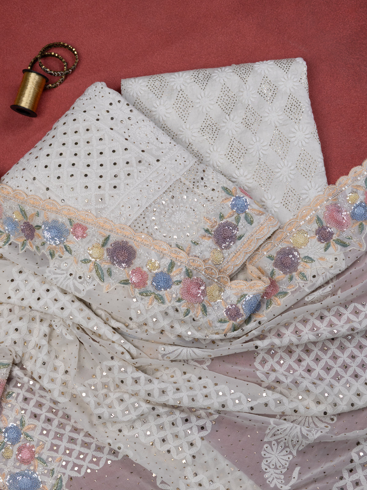 Off-White Georgette Unstitched Suit with Chikankari Work